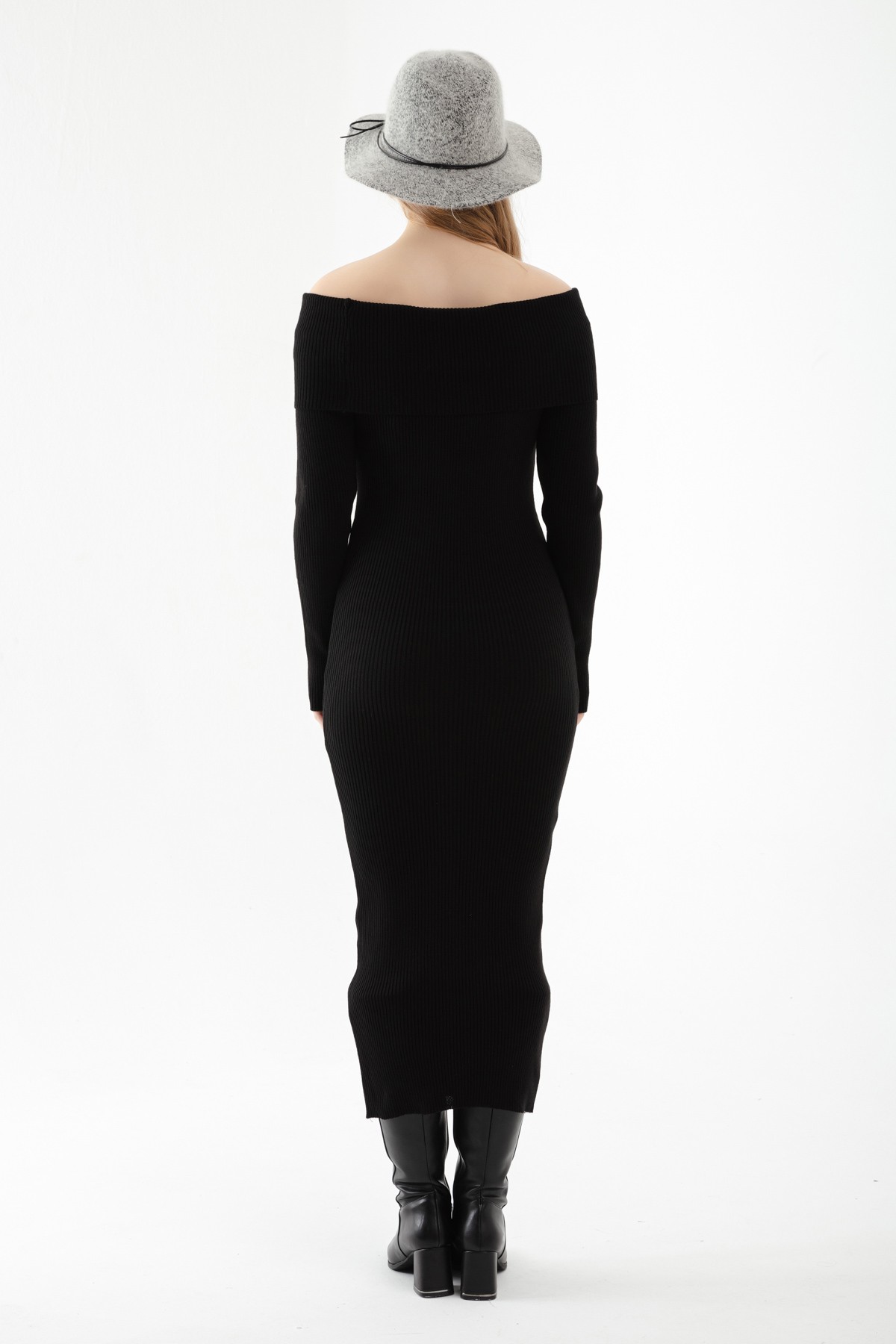Katlı Carmen Yaka Fitilli Triko Elbise - Siyah