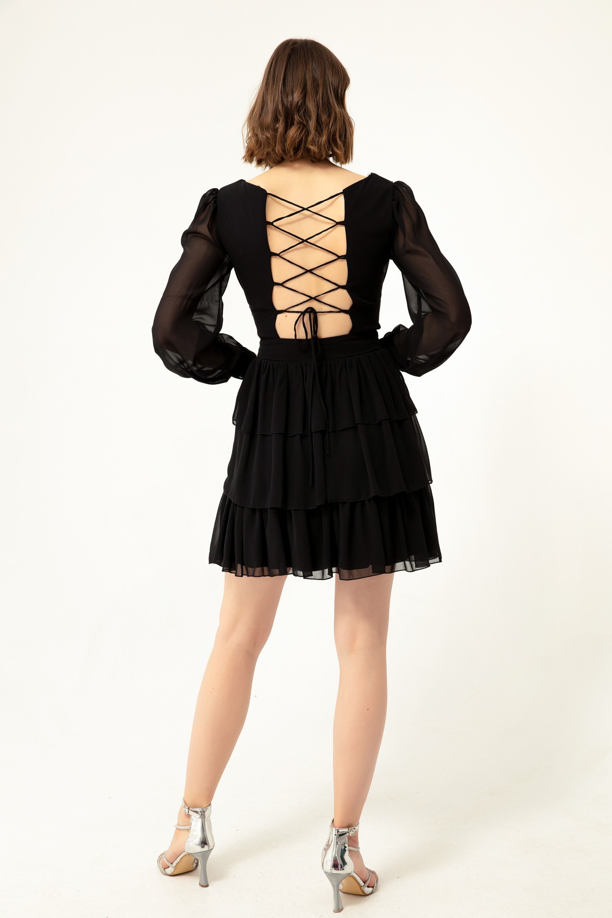 Kadın Fırfırlı Dekolteli Mini Şifon Abiye Elbise - Siyah