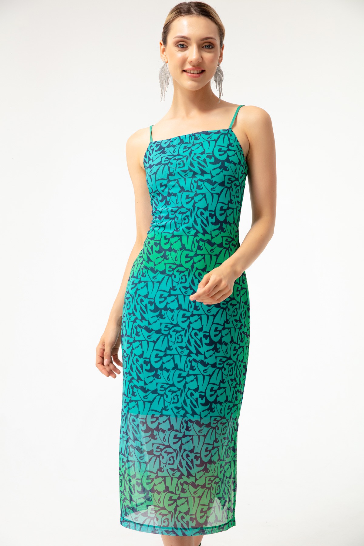 Kadın Desenli Midi Şifon Elbise - Mavi