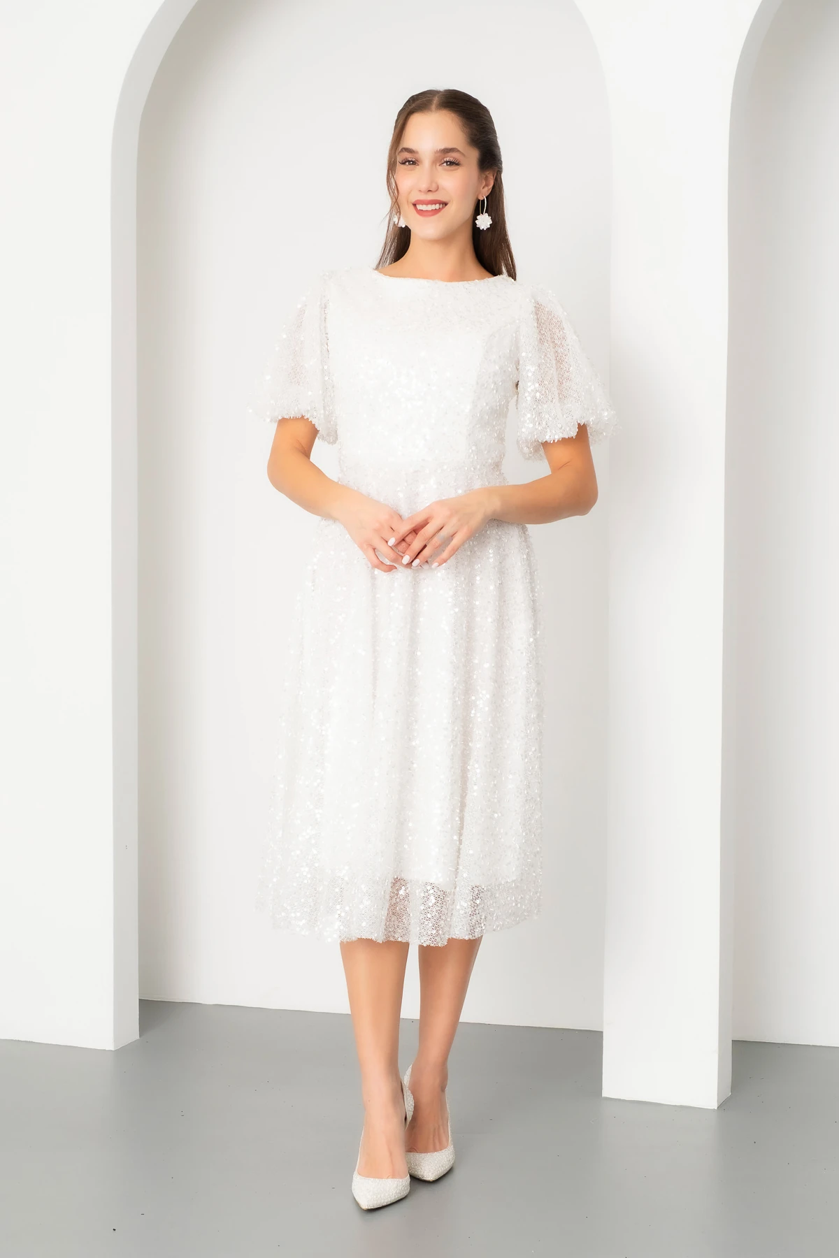 Kadın Balon Kol Pul Payet Midi Abiye Elbise - Beyaz