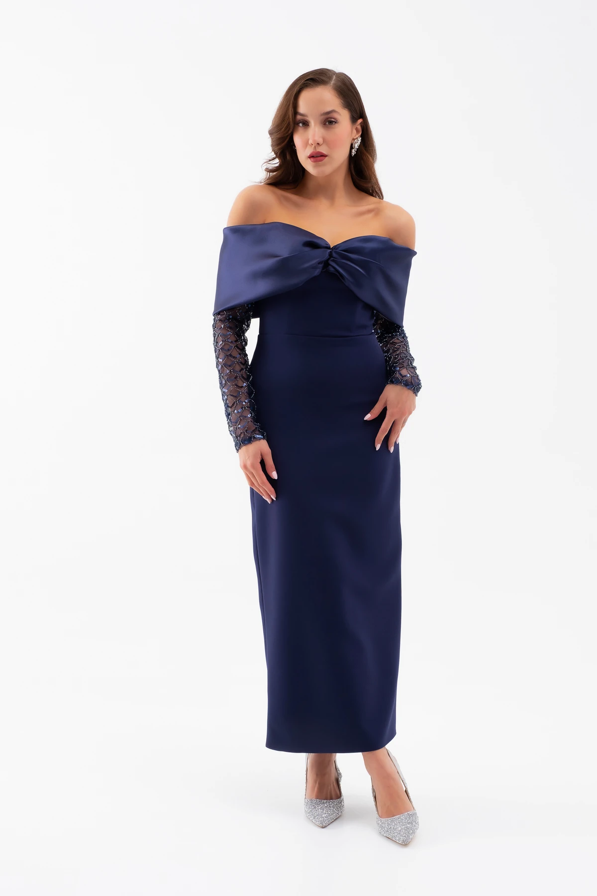 Kadın Kol Detaylı Fiyonklu Söz Nişan Nikah Abiye Elbise - Lacivert