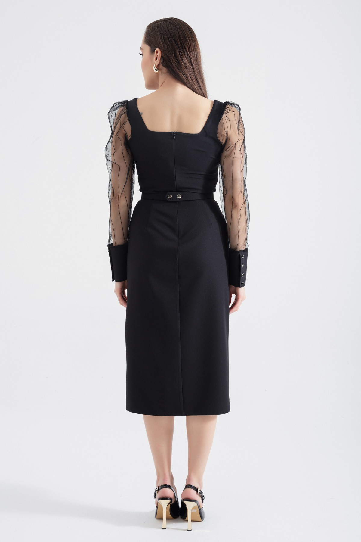 Kadın Kare Yaka Yırtmaçlı Midi Elbise - Siyah
