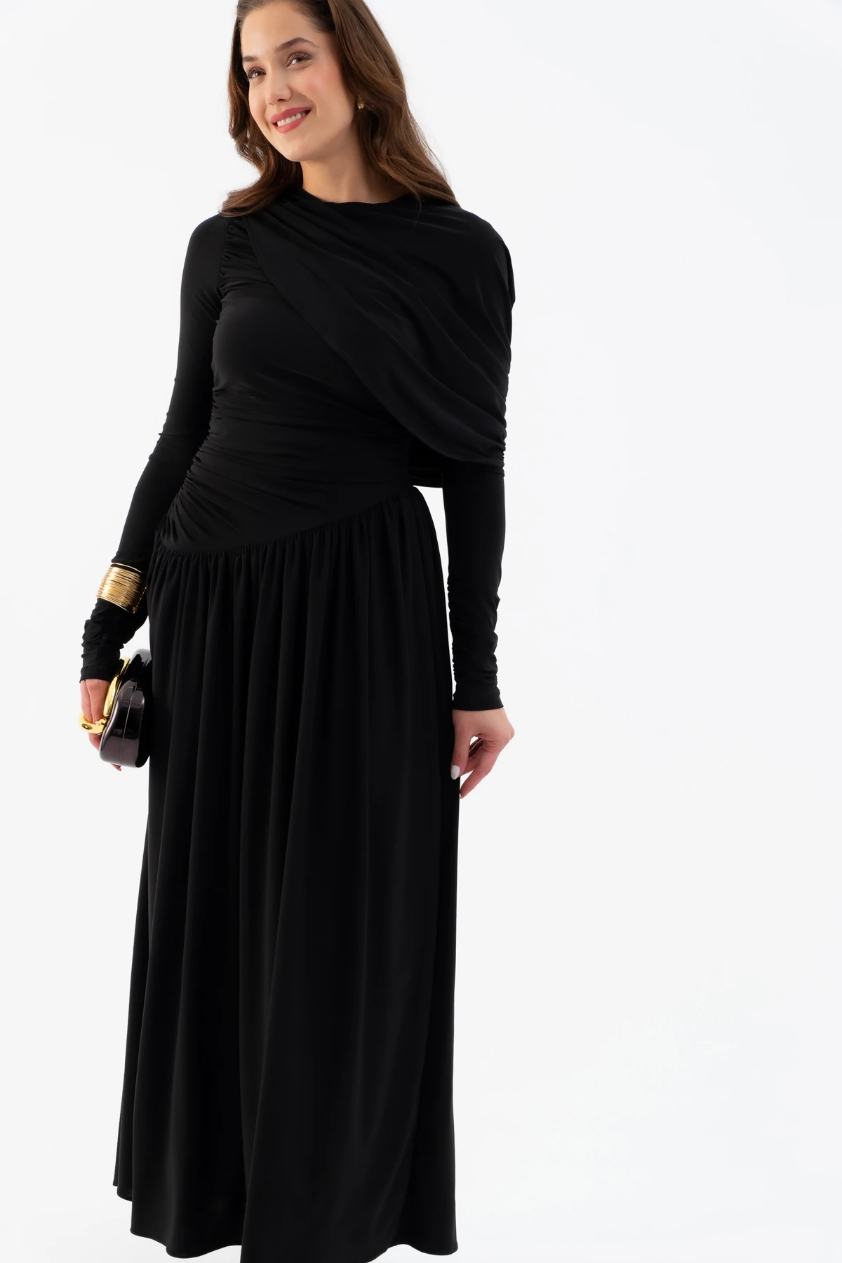 Kadın Omuz Parçalı Çapraz Büzgülü Uzun Elbise - Siyah