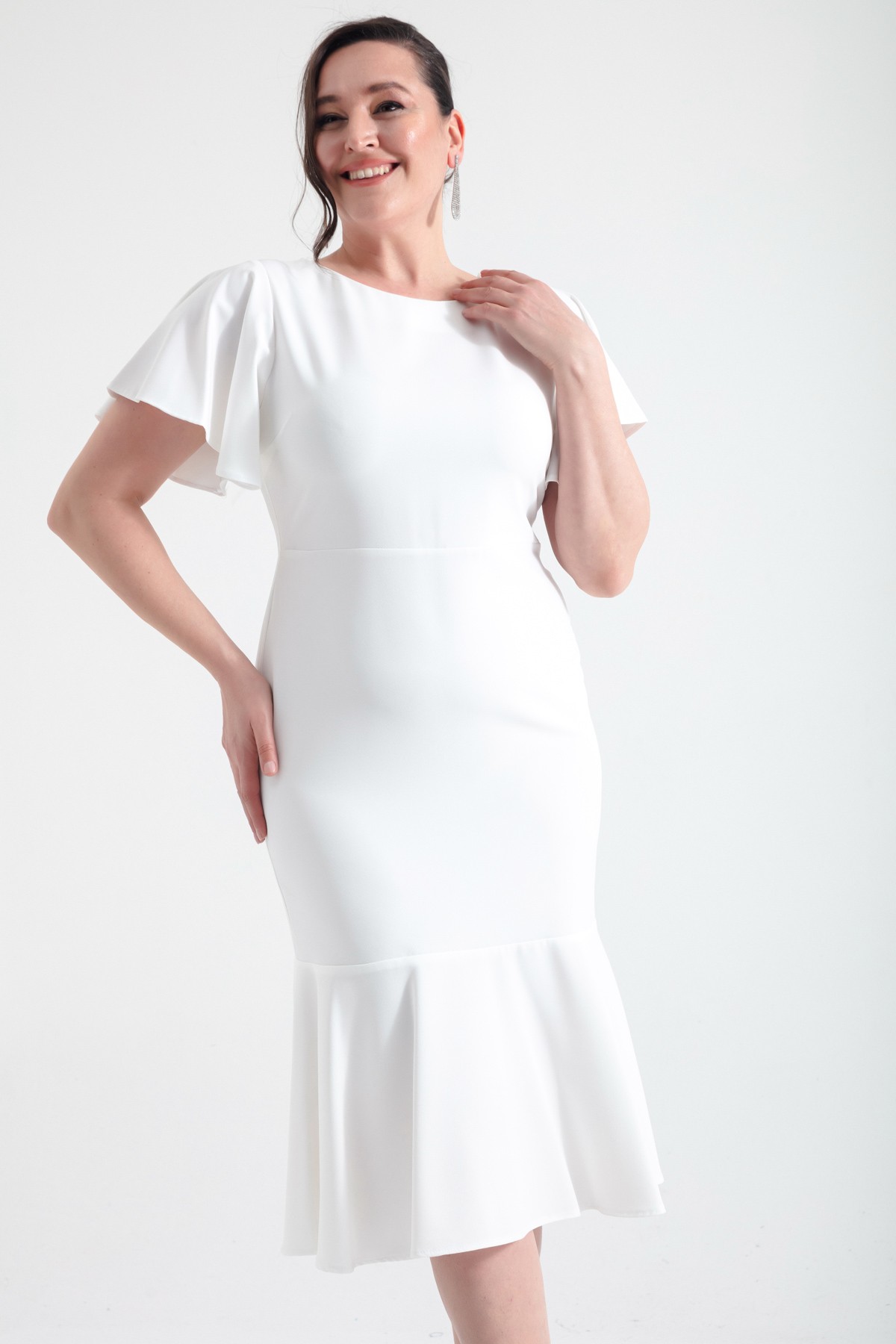 Kadın Büyük Beden Volanlı Elbise - Beyaz