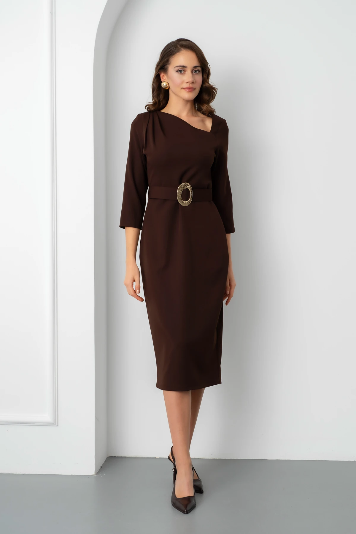 Kadın Kemer Detay Midi Davet Elbisesi - Kahverengi