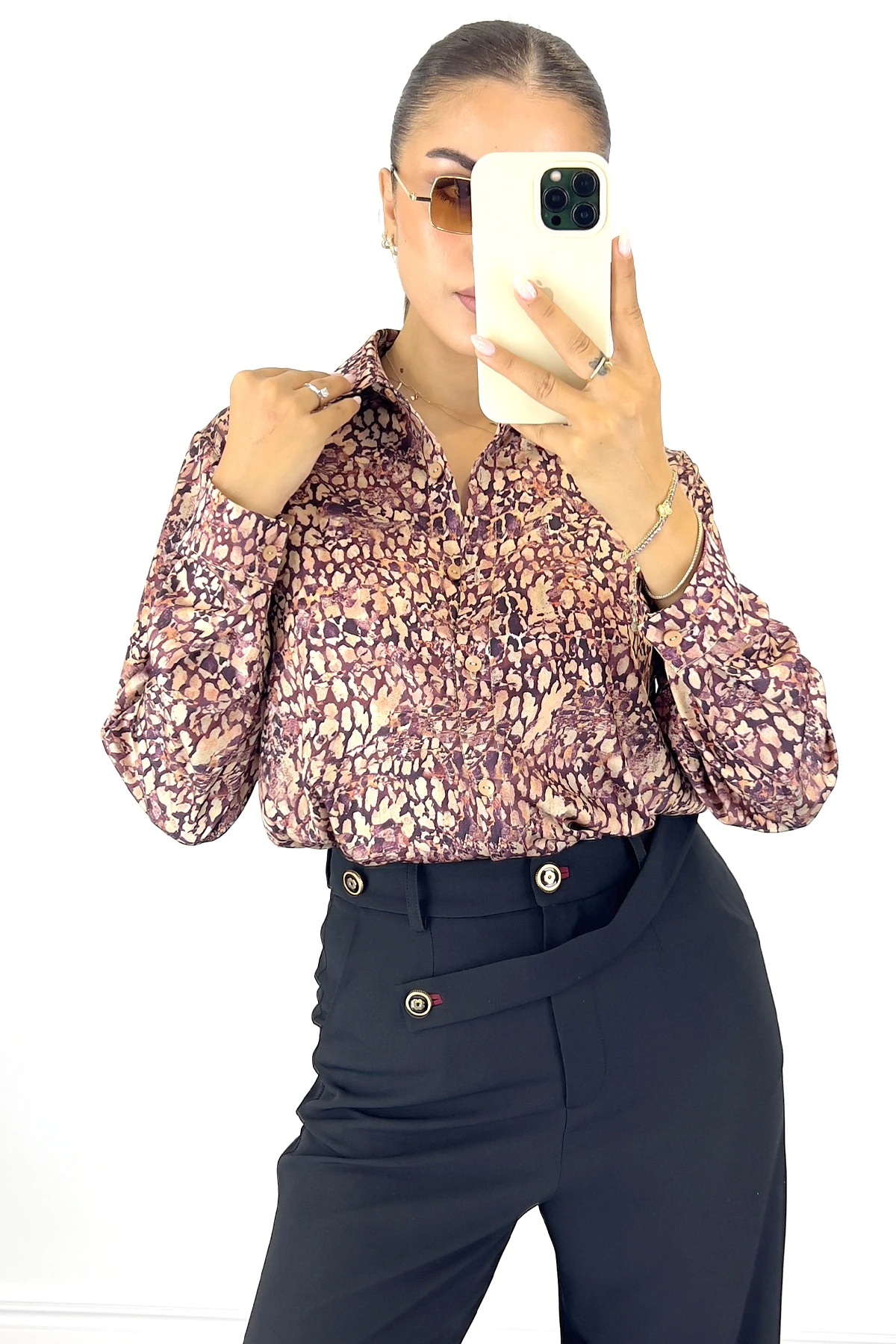 Kadın Uzun Kollu Desenli Saten Gömlek - Pembe