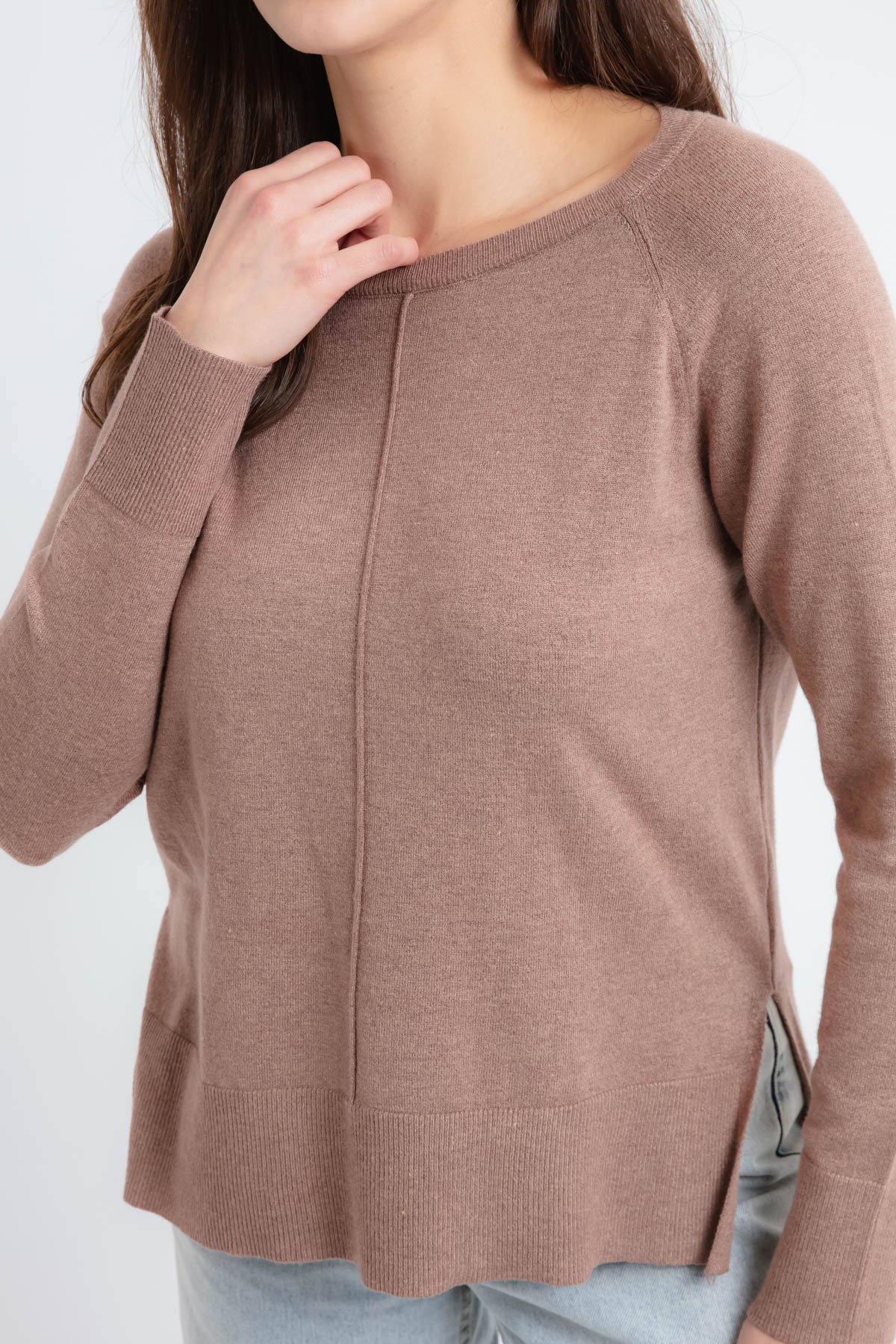 Kadın Kayık Yaka Yanları Yırtmaçlı Triko Kazak - Kahverengi