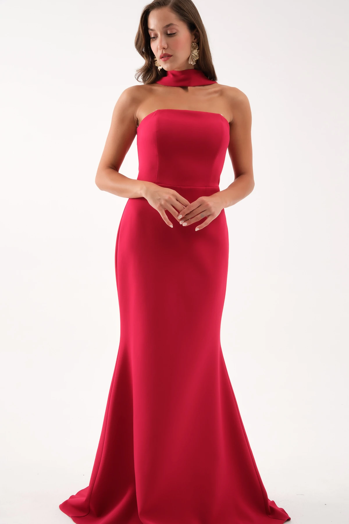 Kadın Şal Yaka Detay Uzun Abiye Elbise - Bordo