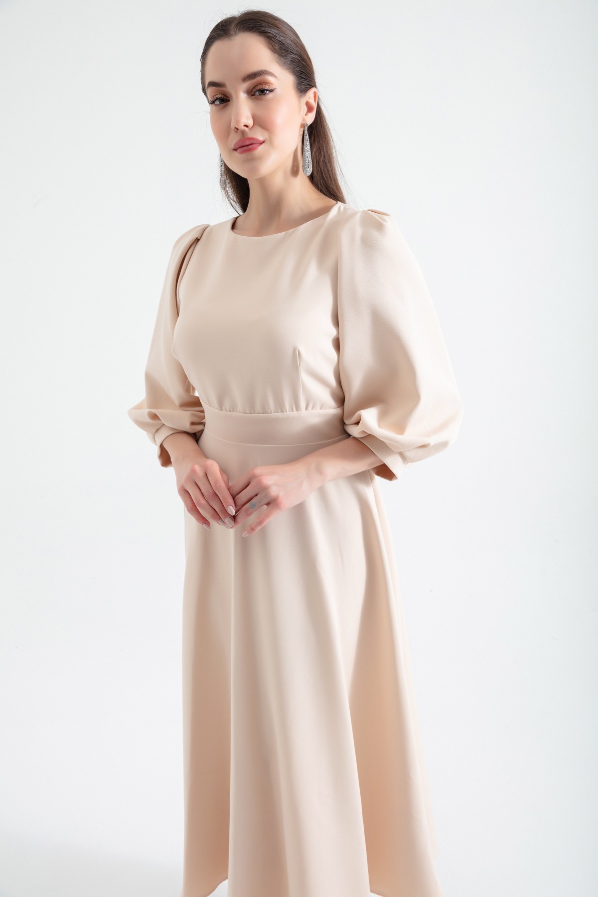 Kadın Sırt Detaylı Midi Elbise - Bej