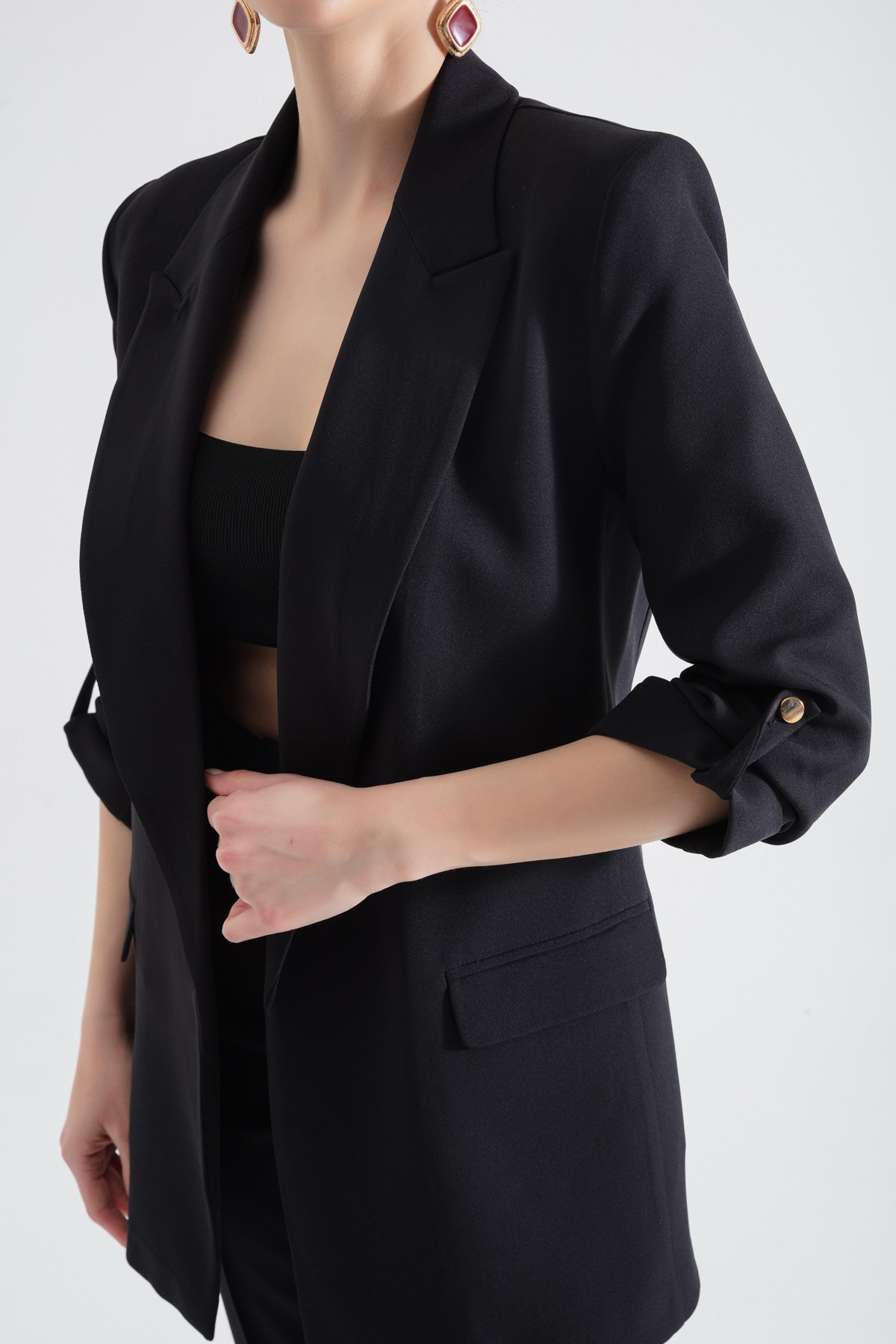 Kadın Kolları Katlamalı Blazer Ceket - Siyah