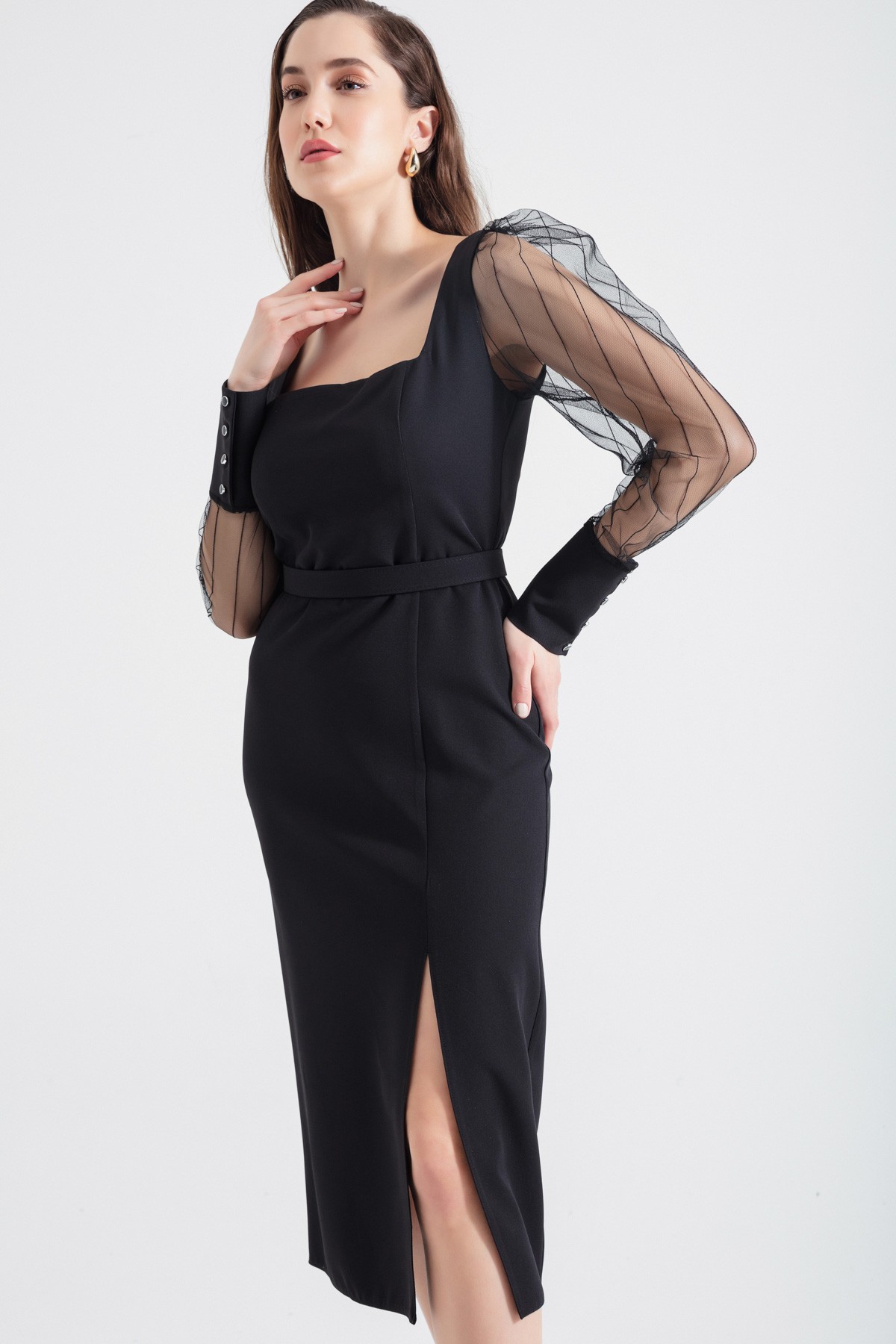 Kadın Kare Yaka Yırtmaçlı Midi Elbise - Siyah