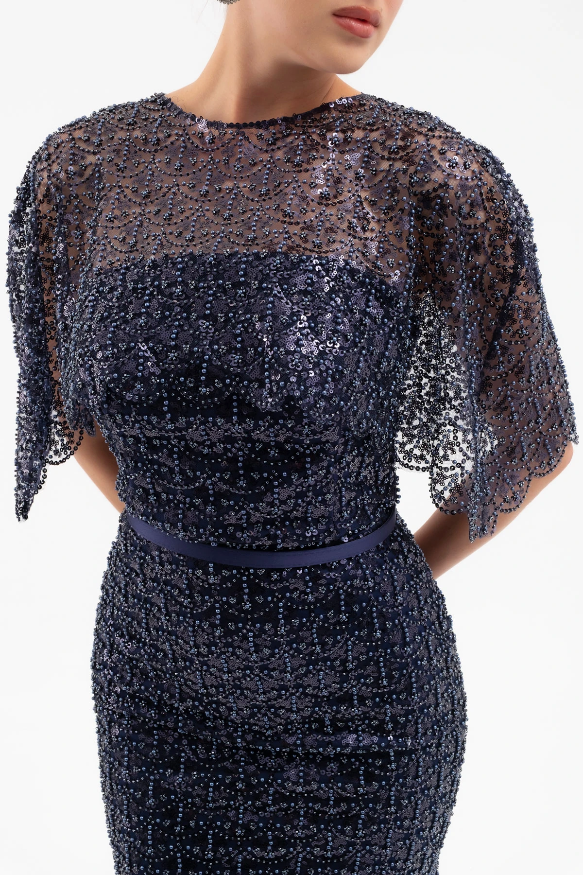 Kadın Bolero Detay Boncuklu Midi Söz Nişan Abiye Elbise - Lacivert