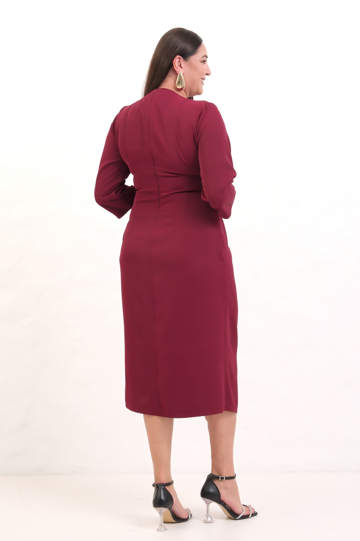 Kadın Kruvaze Yaka Boncuk İşlemeli Büyük Beden Midi Elbise