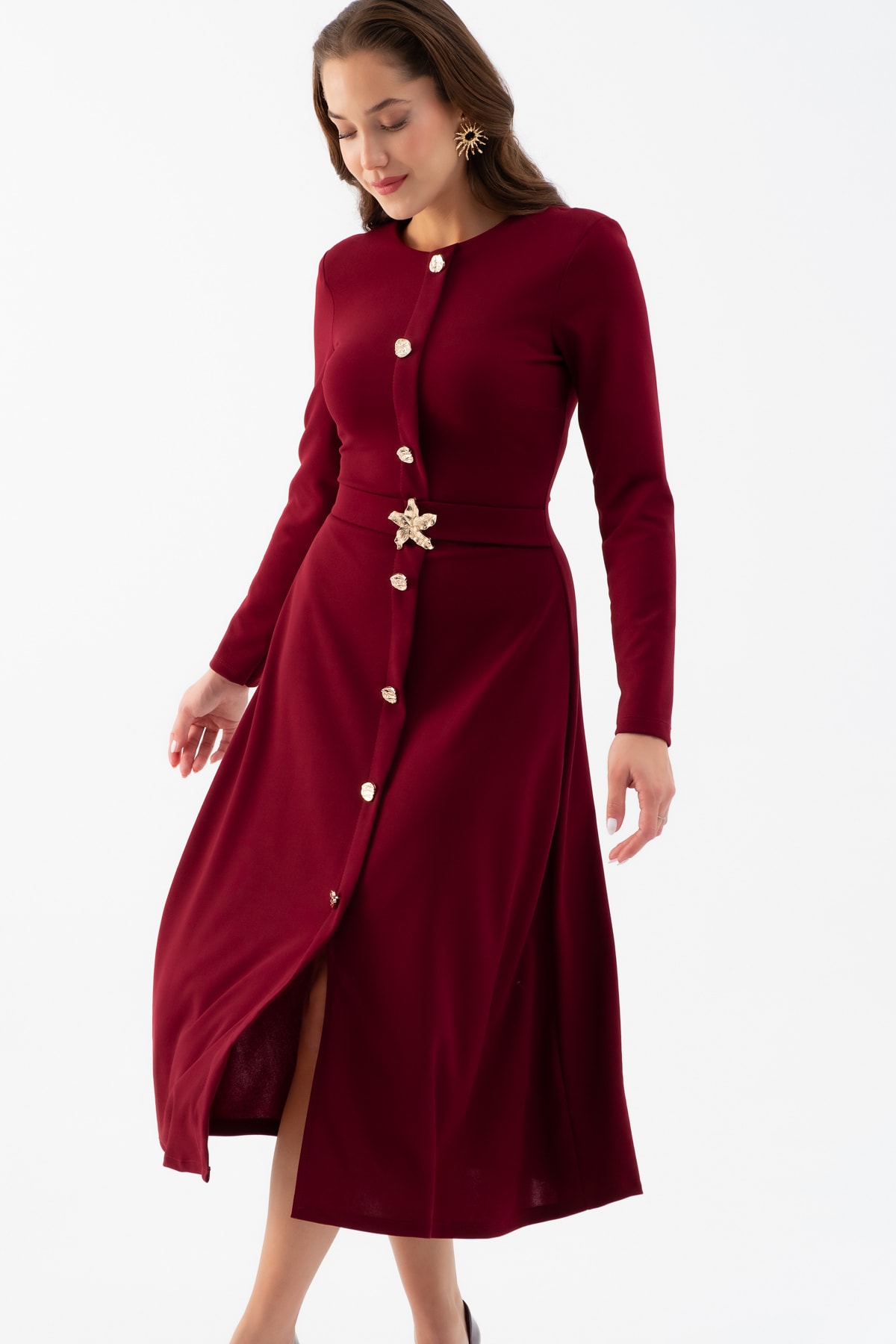 Kadın Uzun Kol Gold Düğmeli Midi Elbise - Bordo
