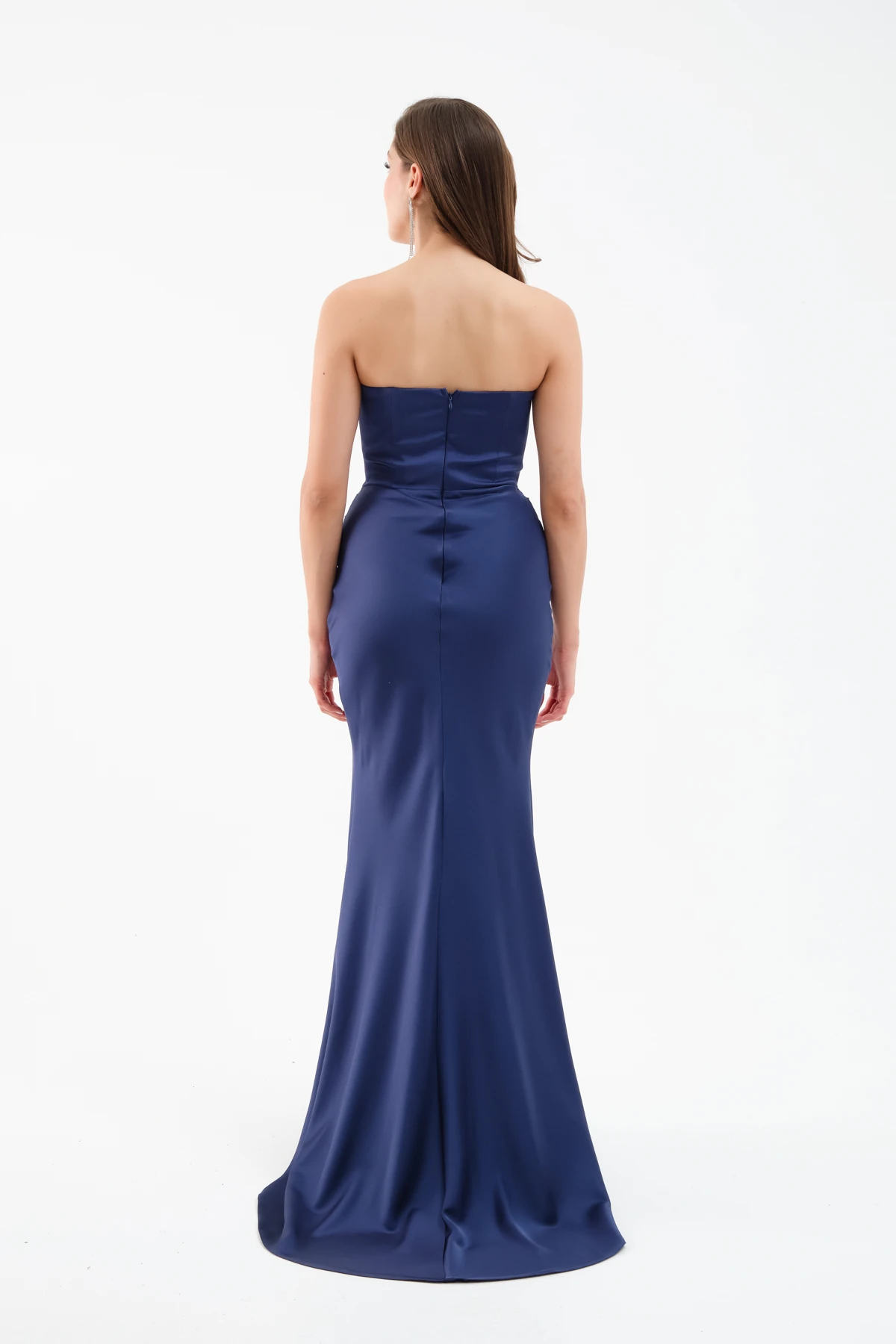 Kadın Straplez Uzun Saten Söz Nişan Abiye Elbise - Lacivert