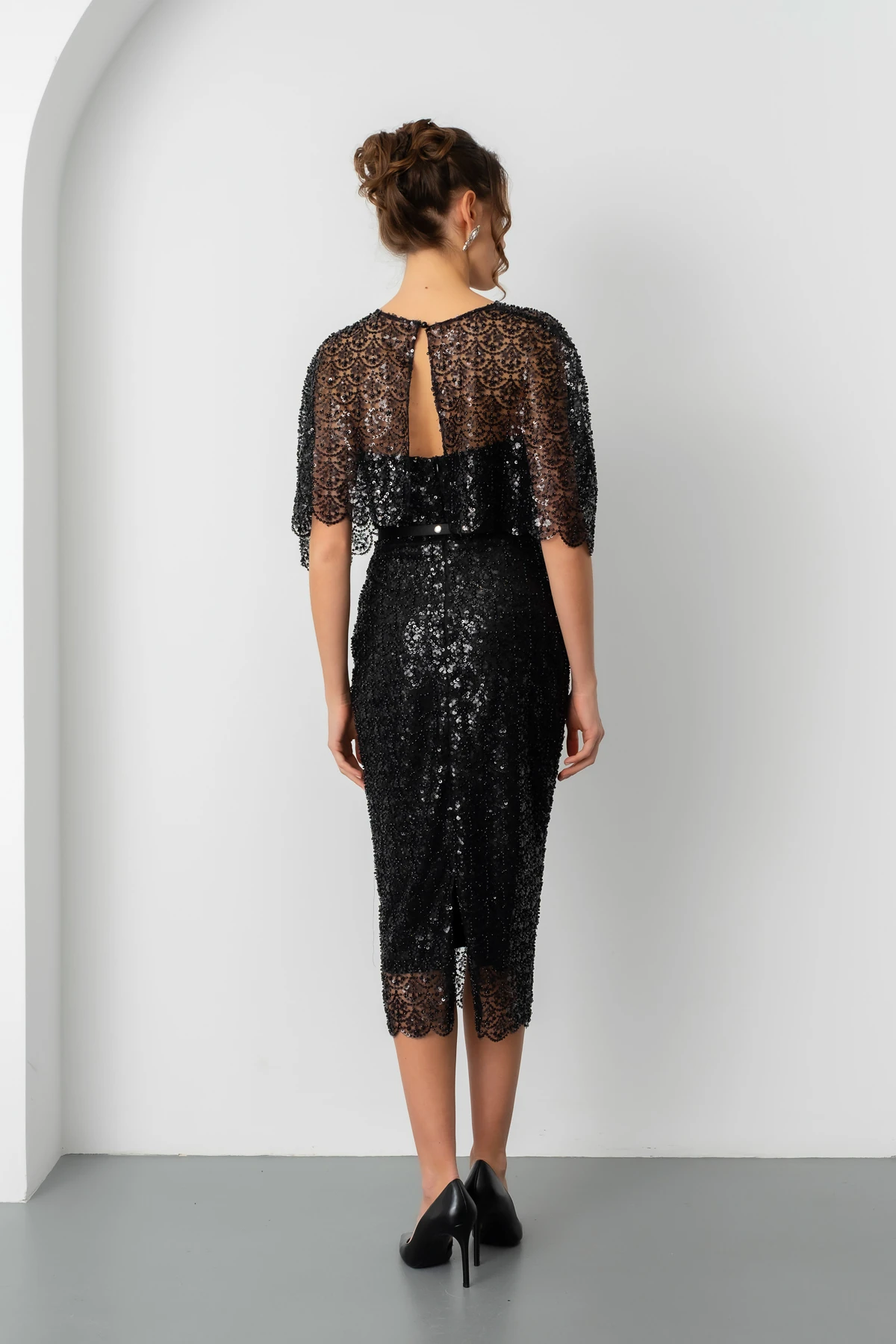 Kadın Bolero Detay Boncuklu Midi Söz Nişan Abiye Elbise - Siyah