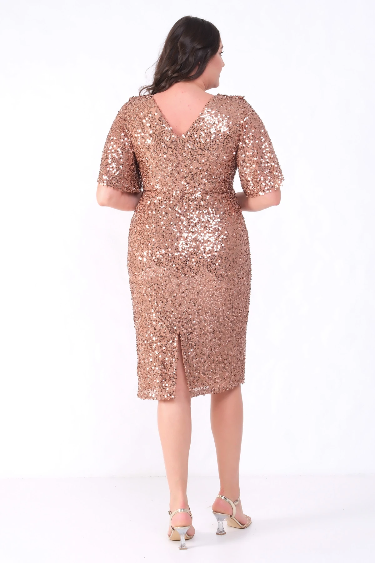 Kadın Degaje Yaka Pul Payet Büyük Beden Abiye Elbise - Kahverengi