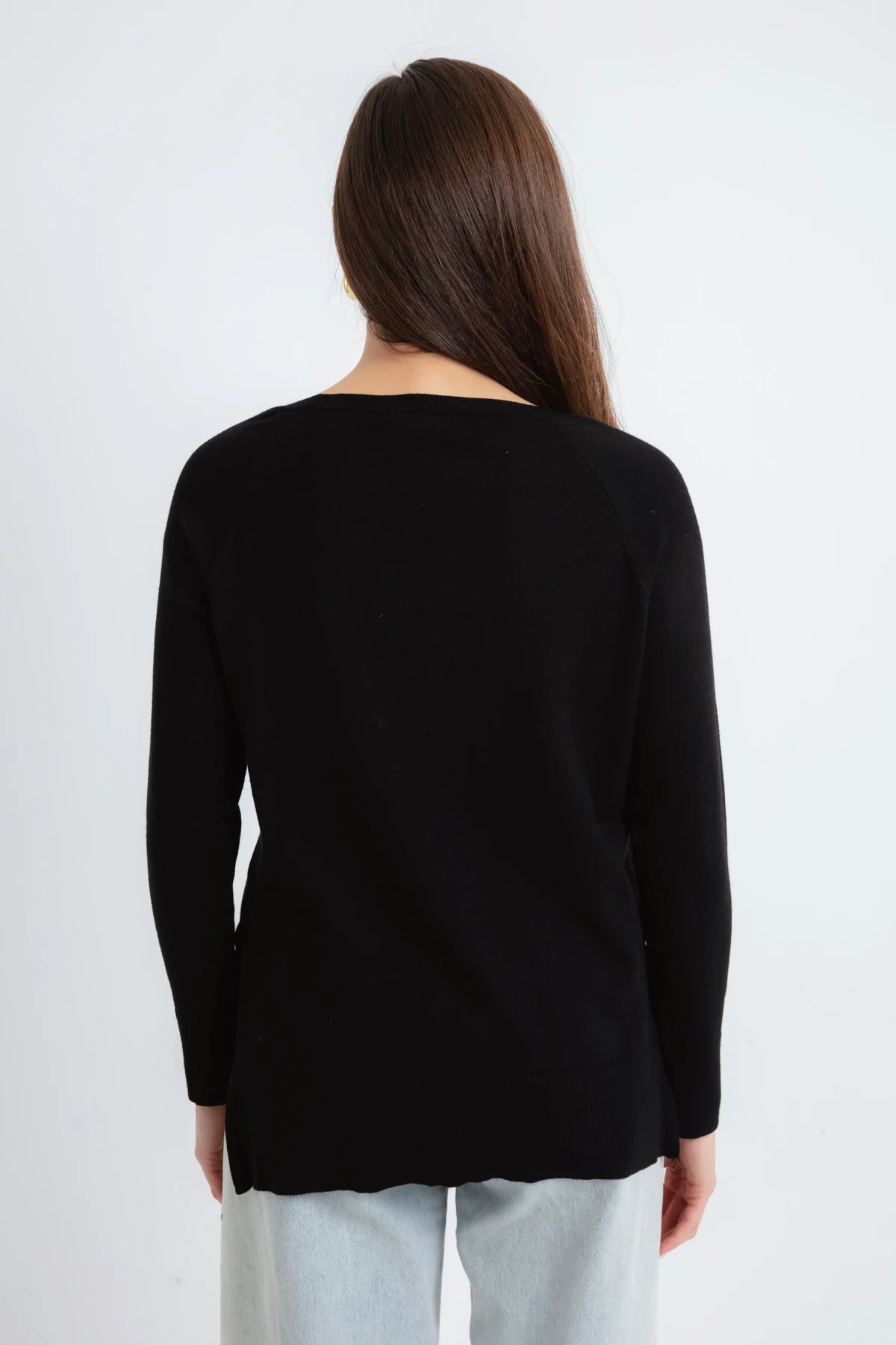 Kadın Kayık Yaka Yanları Yırtmaçlı Triko Kazak - Siyah