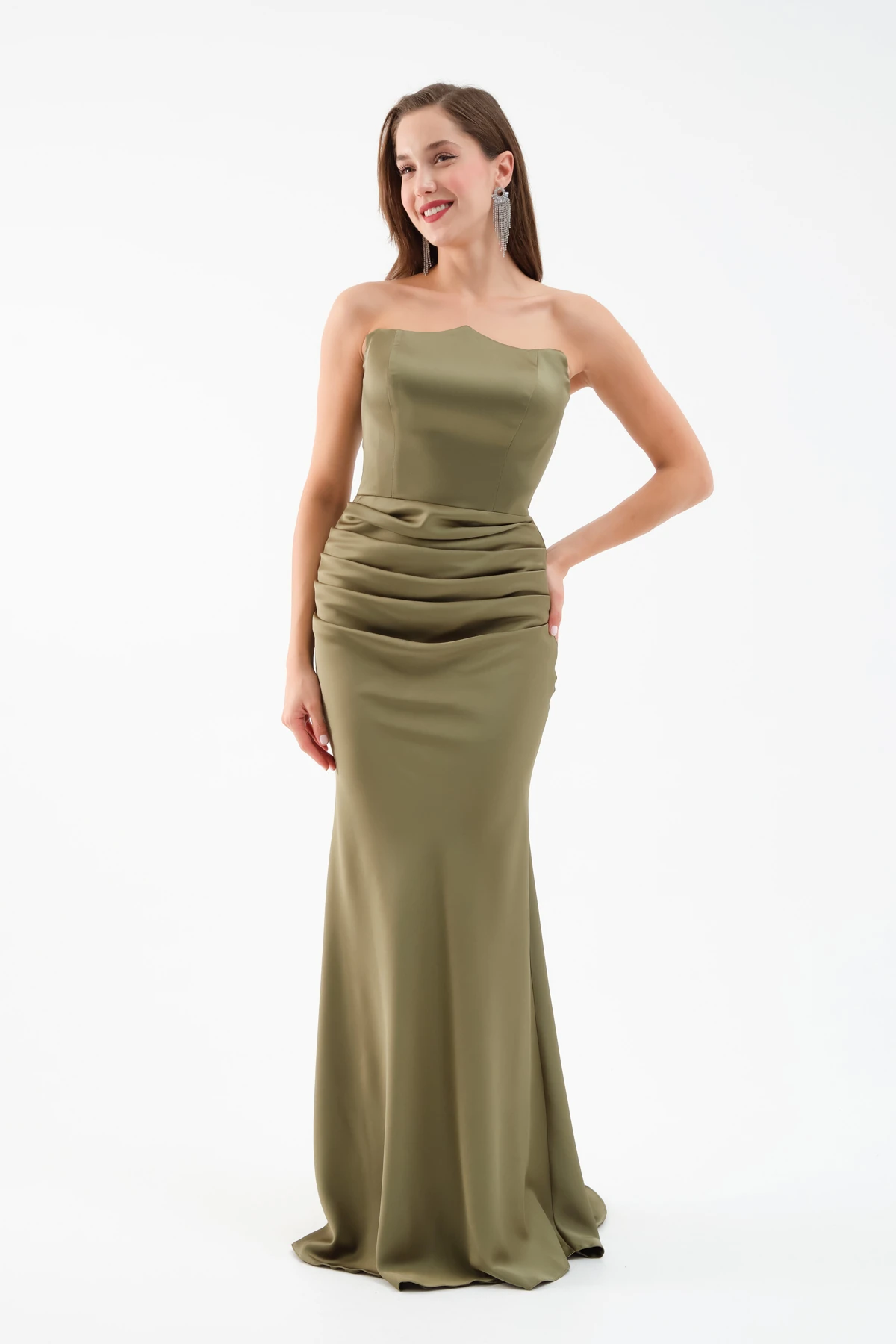 Kadın Straplez Uzun Saten Söz Nişan Abiye Elbise - Haki