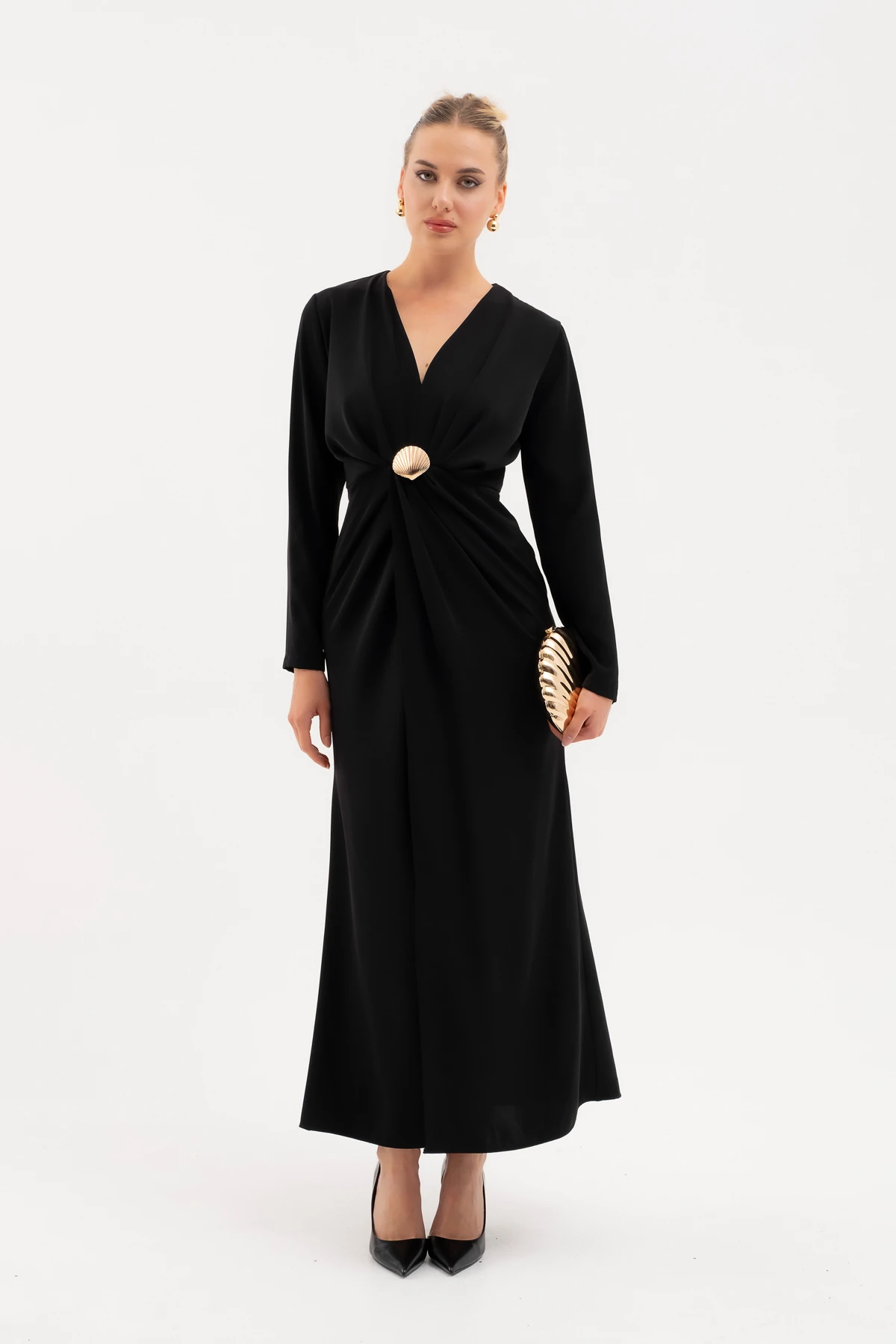 Kadın İstiridye Aksesuarlı Uzun Kol Elbise - Siyah