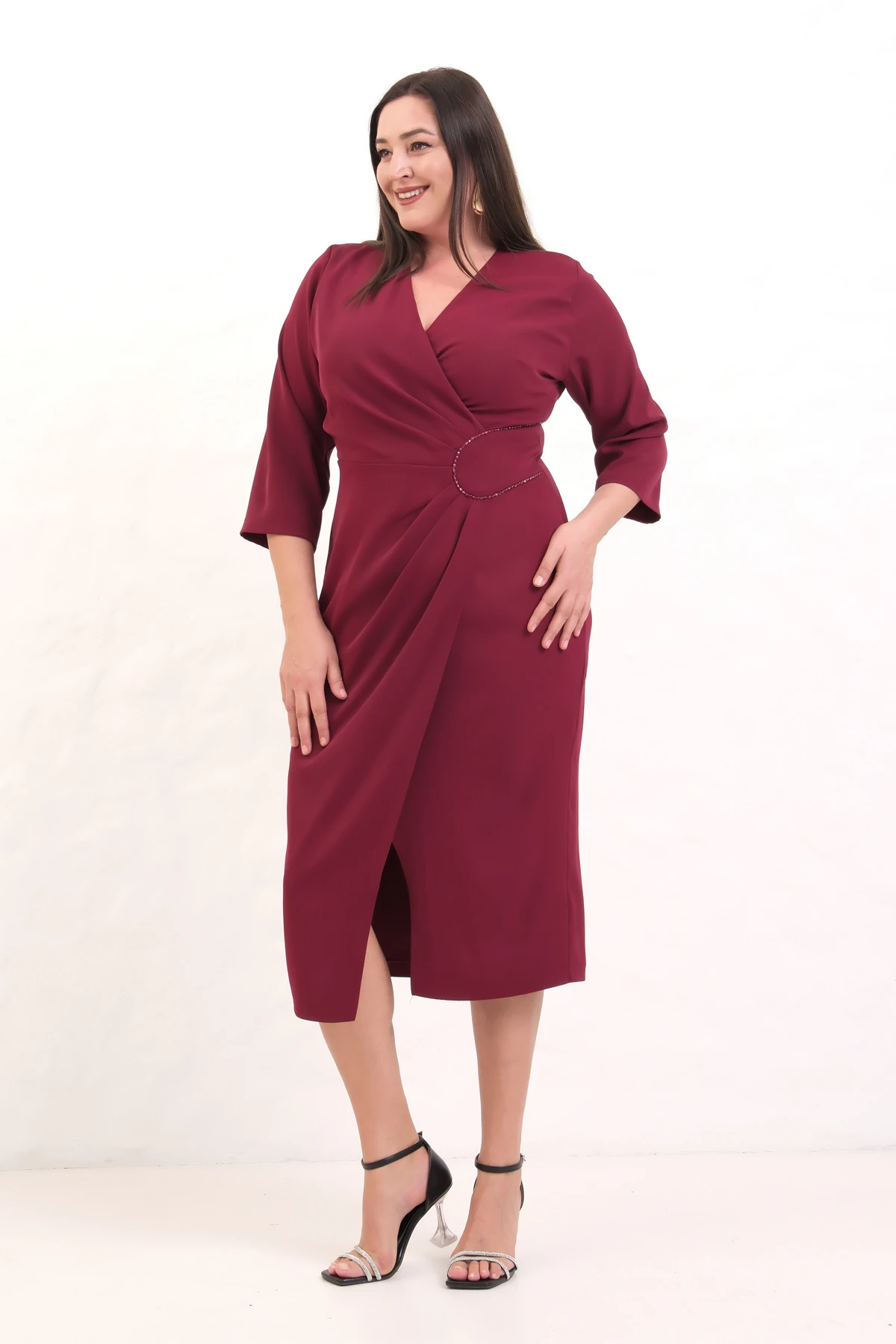 Kadın Kruvaze Yaka Boncuk İşlemeli Büyük Beden Midi Elbise - Bordo