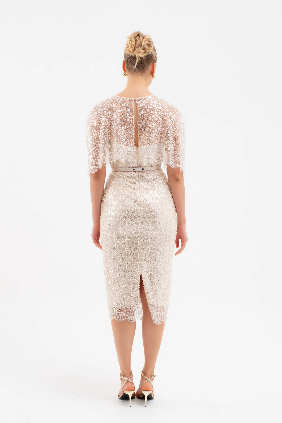 Kadın Bolero Detay Boncuklu Midi Söz Nişan Abiye Elbise - Bej