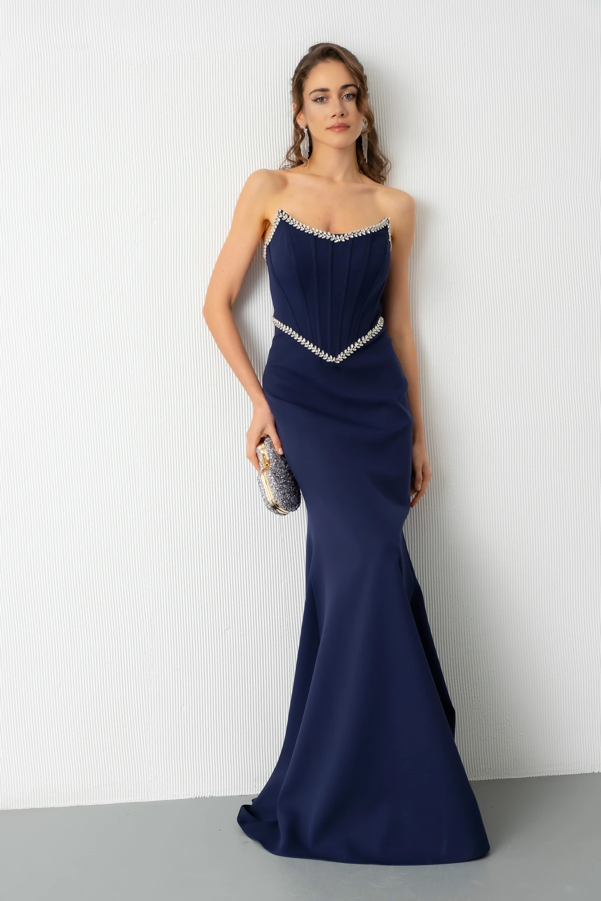 Kadın Straplez Taşlı Peplum Kesim Söz Nişan Nikah Abiye Elbise - Lacivert