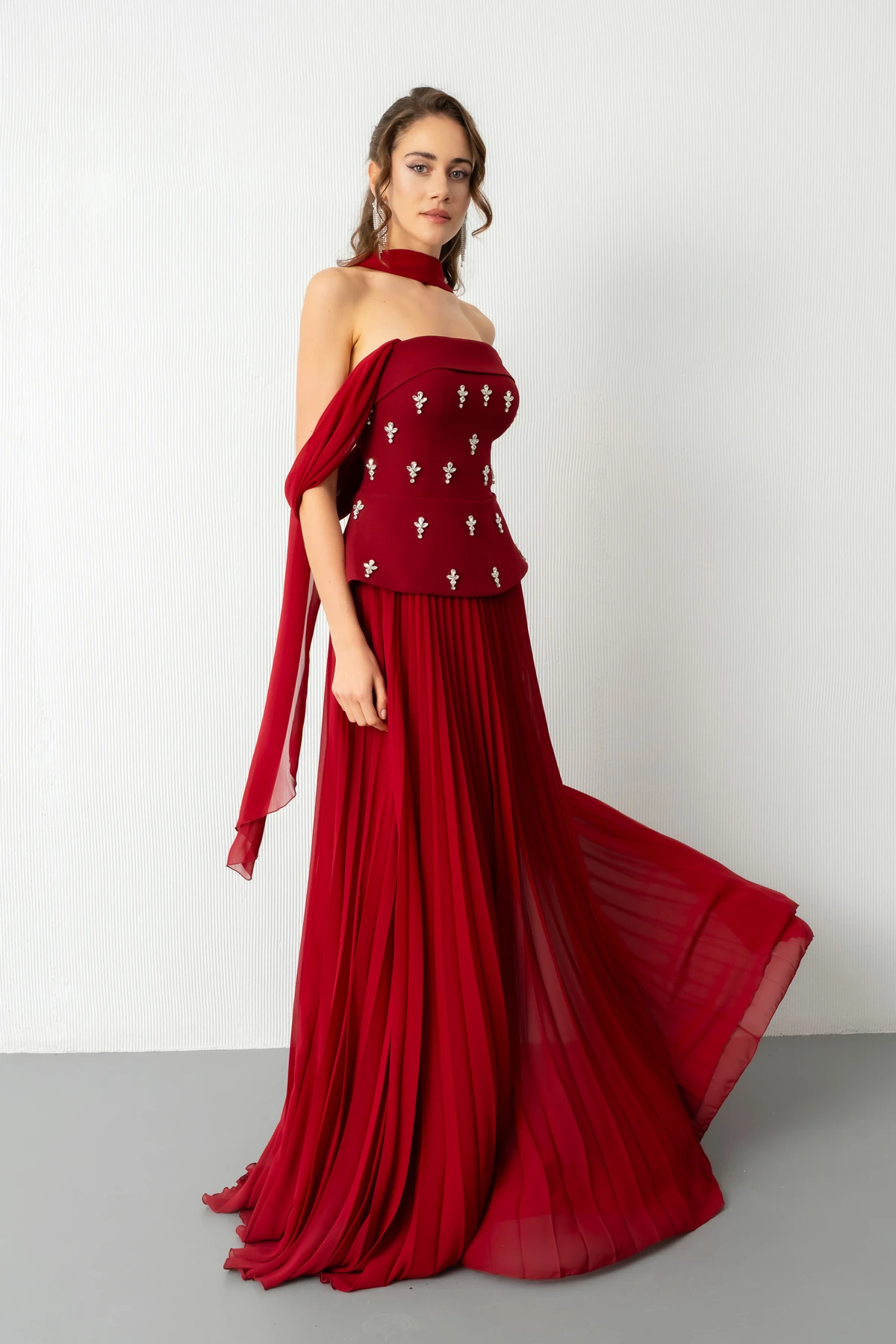 Kadın Straplez Yaka Taşlı Uzun Söz Nişan Nikah Abiye Elbise - Bordo