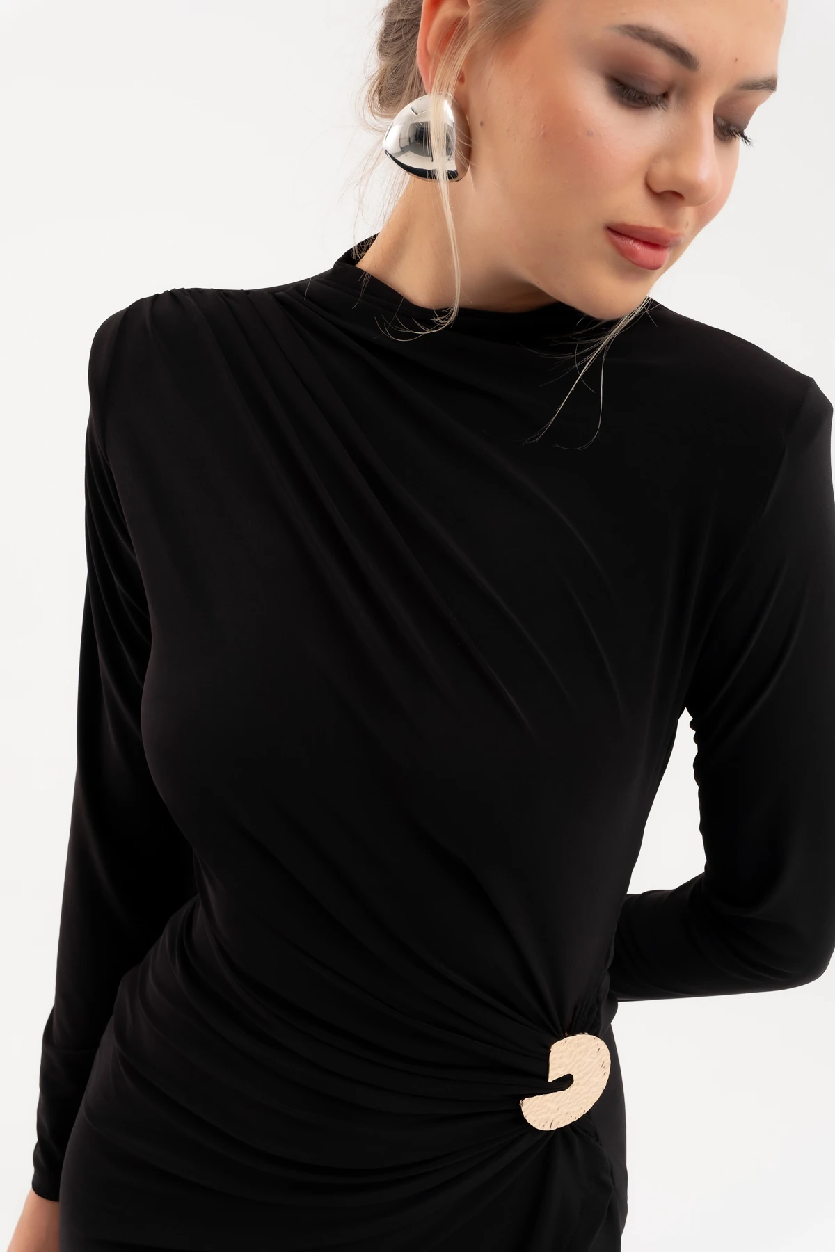 Kadın Aksesuar Detay Midi Elbise - Siyah