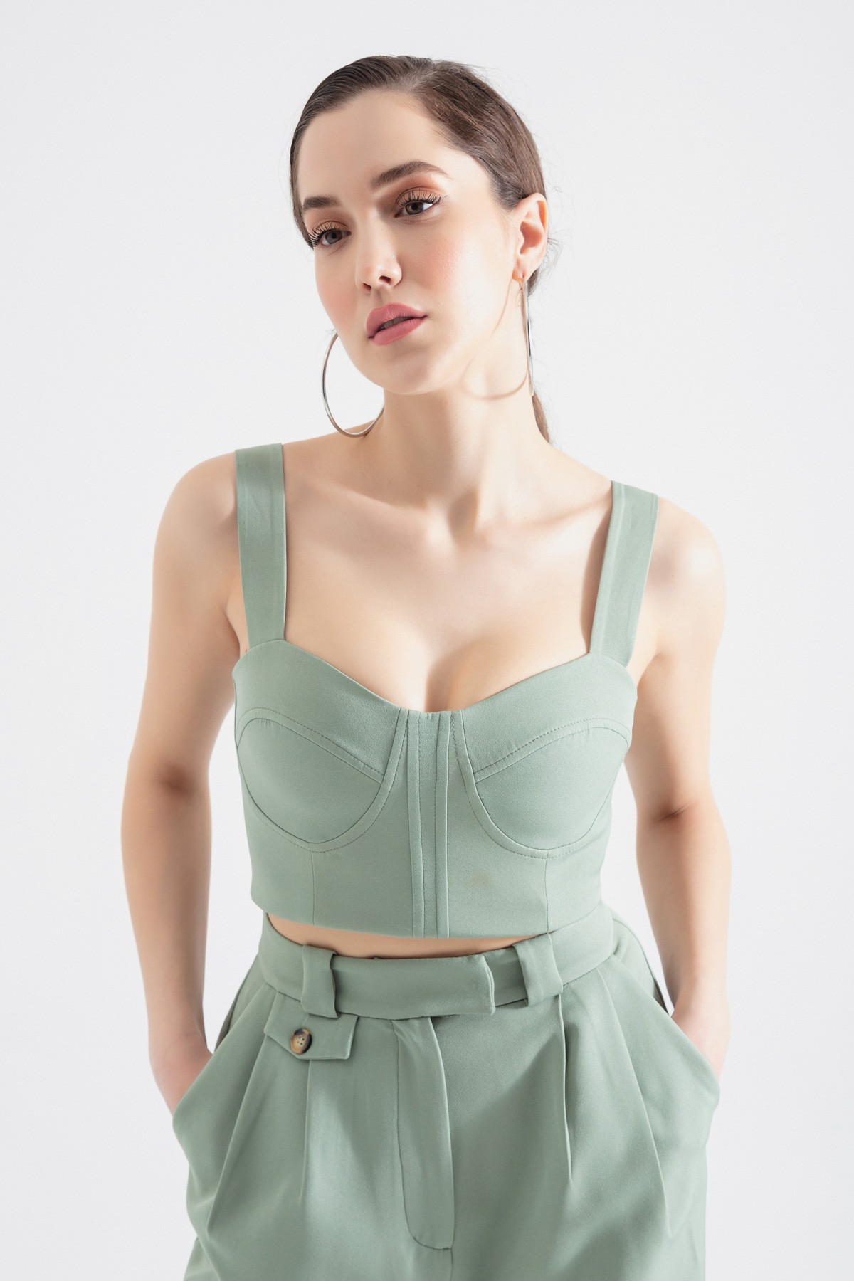 Kadın Kalın Askılı Crop Bluz - Mint Yeşili