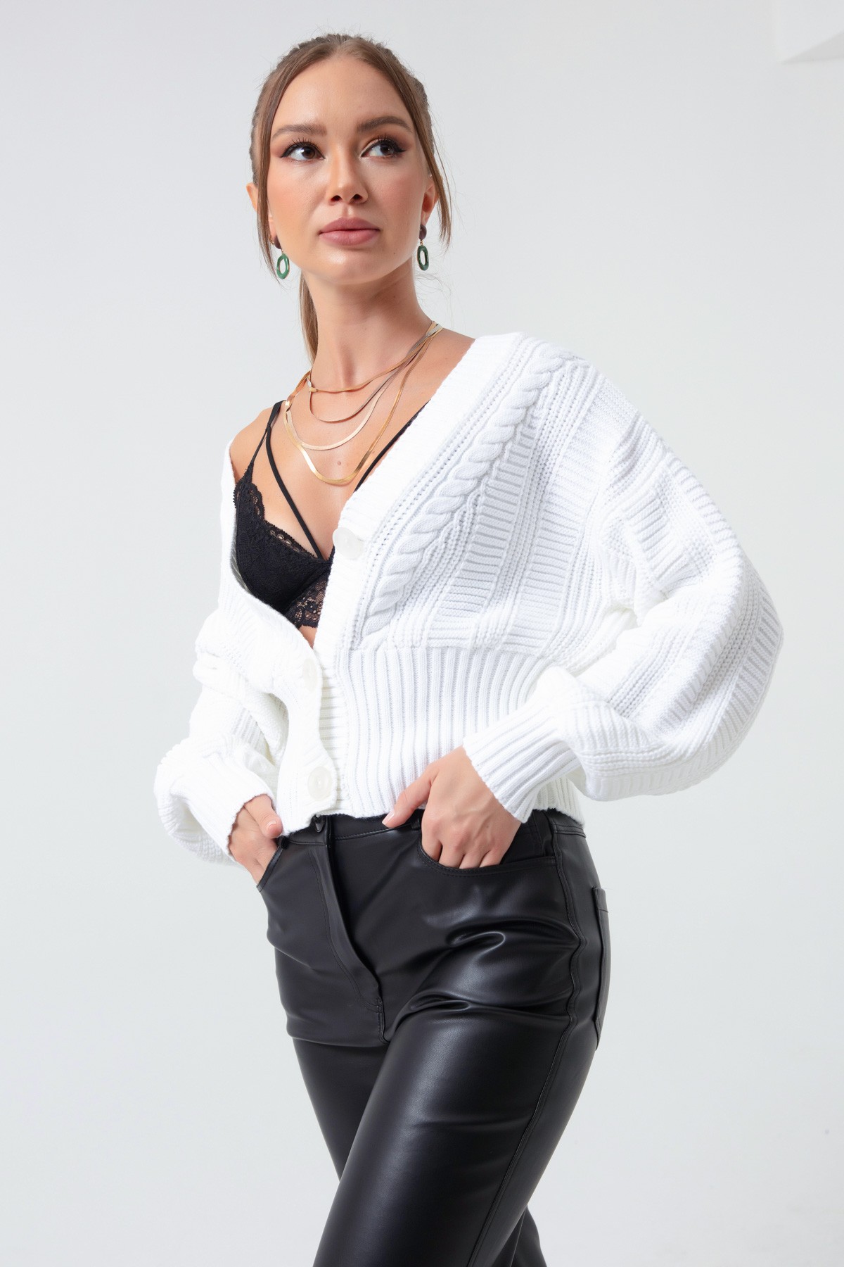 Kadın Beli Lastikli Mini Triko Hırka