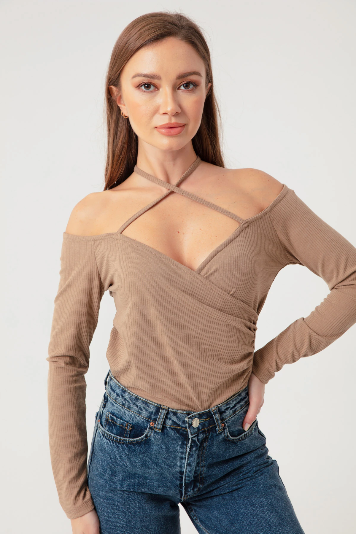 Kadın Bağlamalı Örme Bluz - Vizon