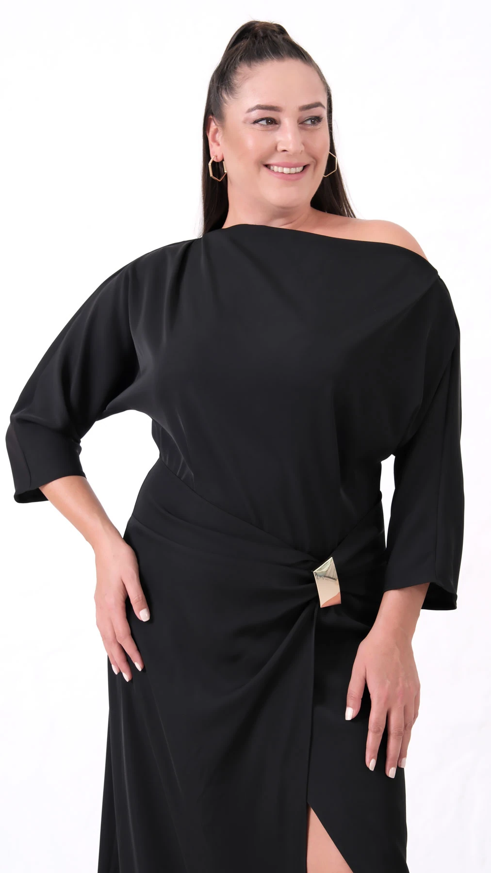 Kadın Aksesuar Detay Midi Davet Elbise - Siyah