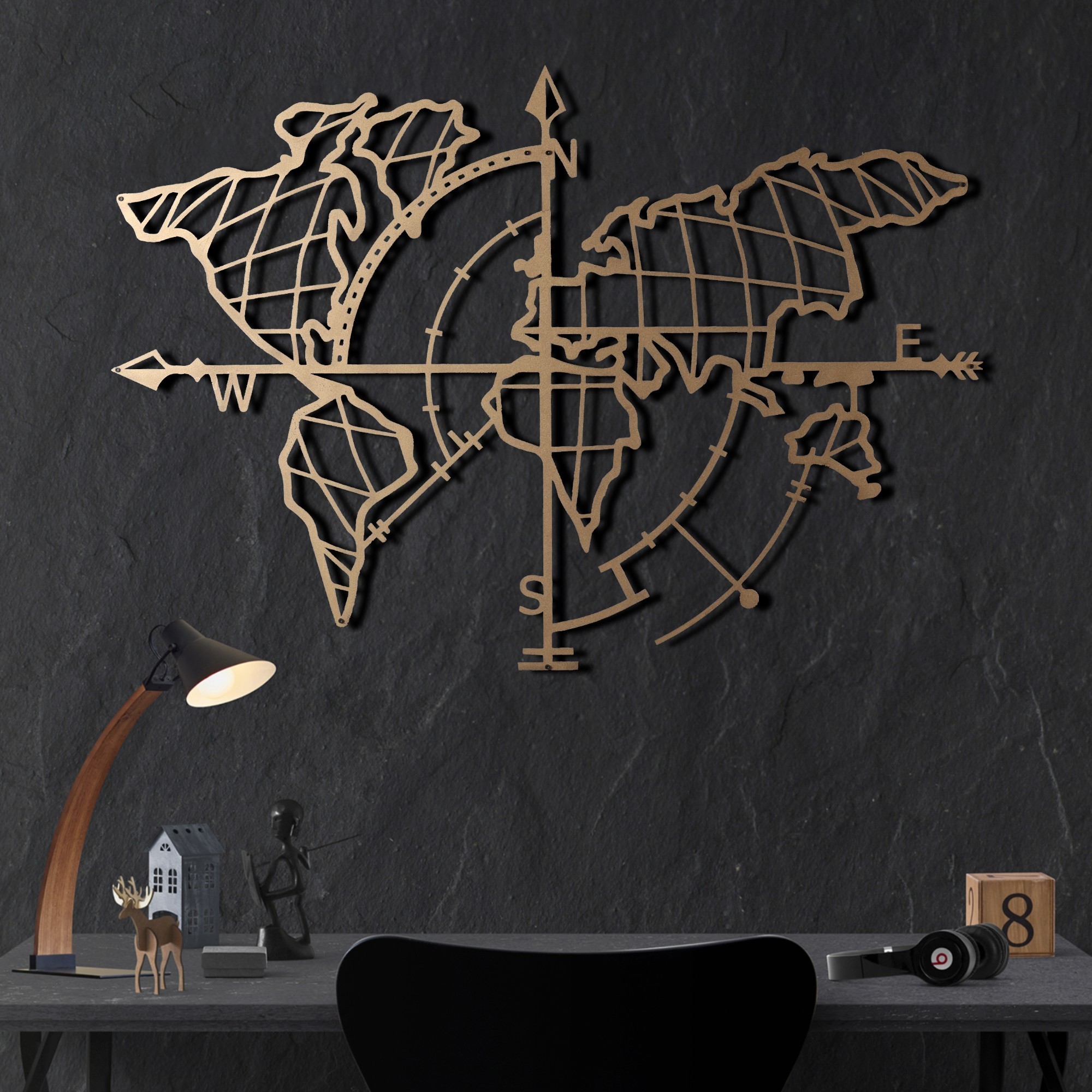 Accessoire mural en métal décoratif World Map Compass Gold