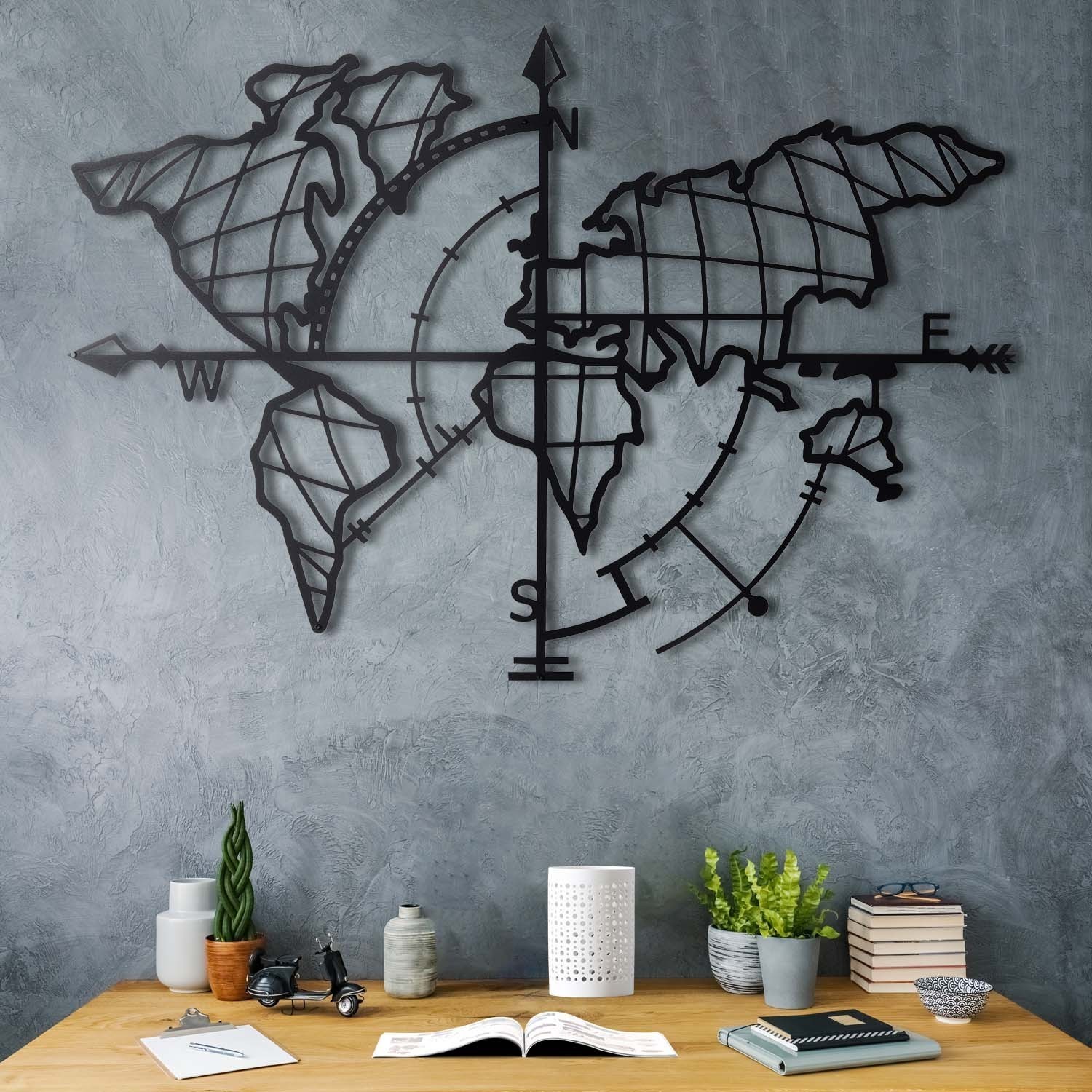 Accessoire mural en métal décoratif World Map Compass - Black