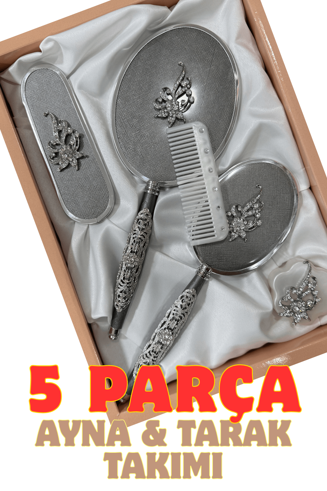 5 Parça Ayna & Tarak Seti - Ahşap Saplı Çeyizlik Tuvalet Takımı - 2. Model