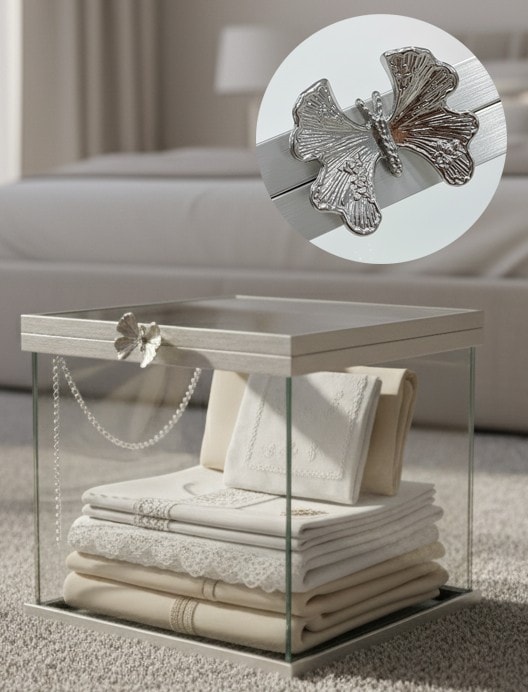 Menteşeli Kare Cam Sandık (Kelebek Kulp Detaylı) 25x25x25 cm - GÜMÜŞ