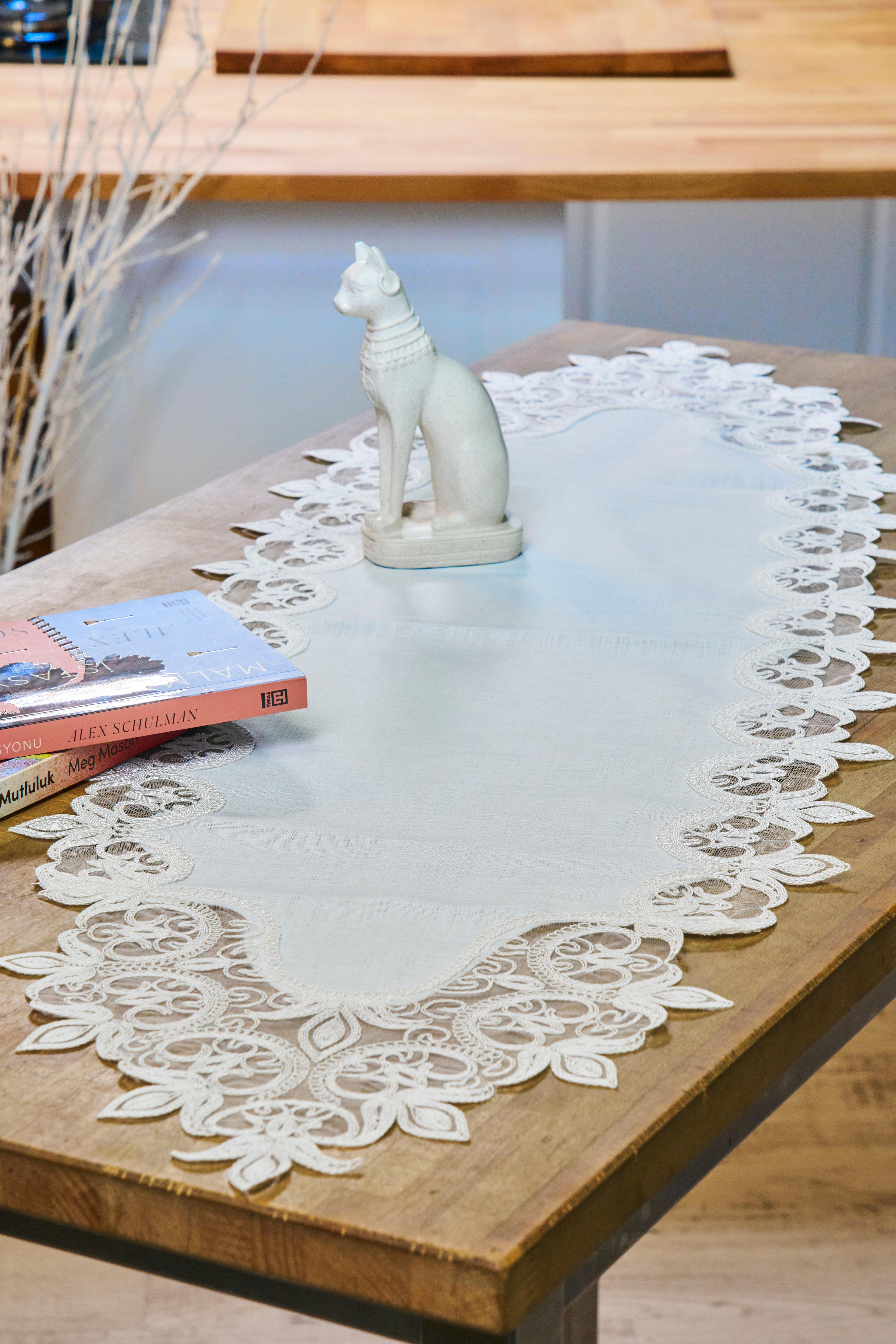 Keten Dantelli Runner (120x38 cm) - Gri - Pembe