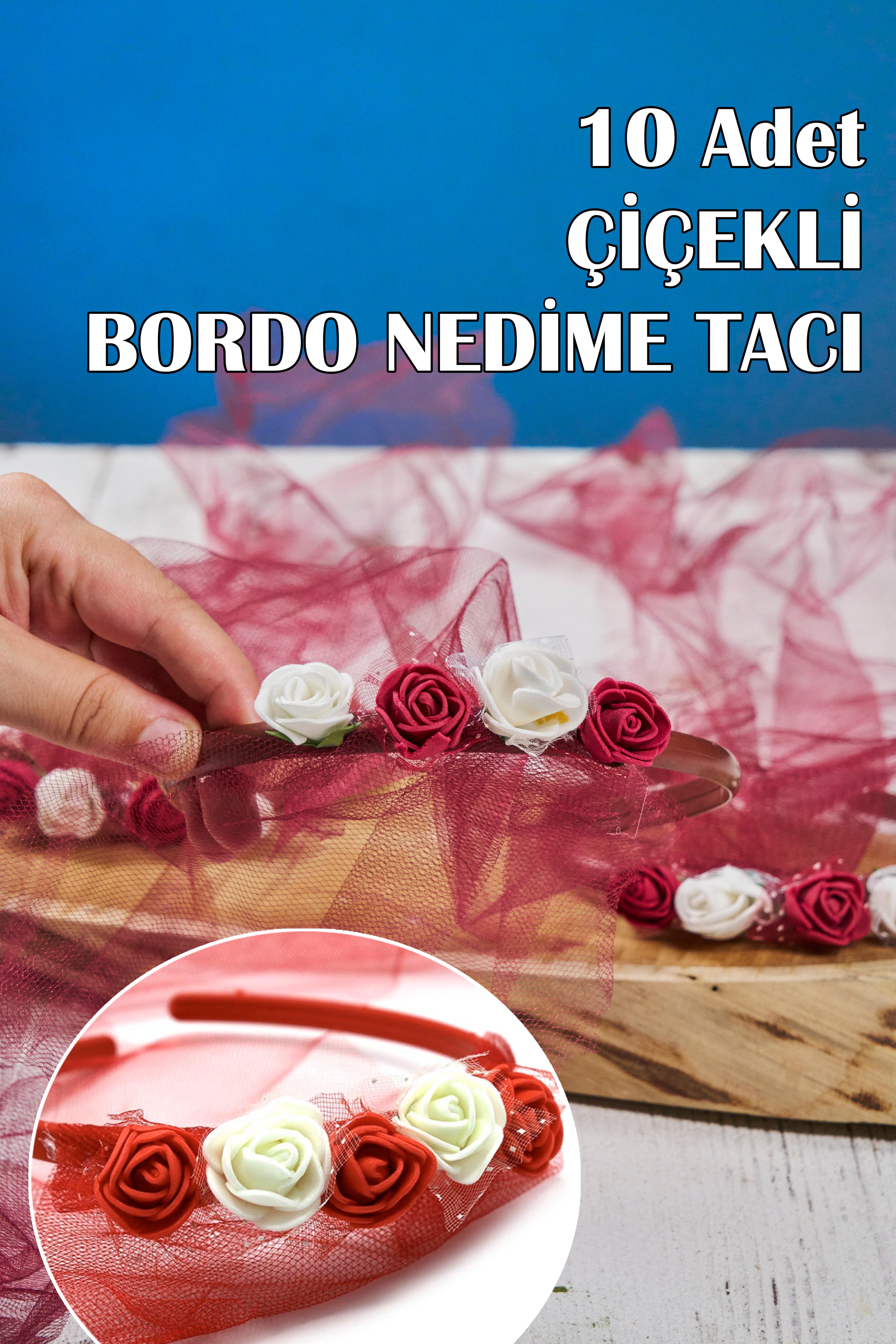 10 Adet Çiçekli Nedime Tacı - BORDO