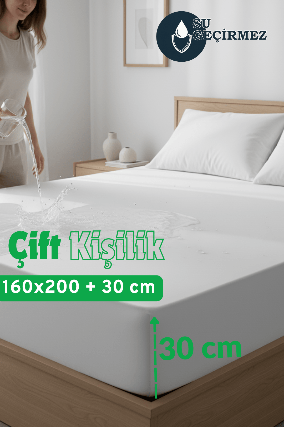Sıvı Geçirmez Fitted Alez - Beyaz - Çift Kişilik