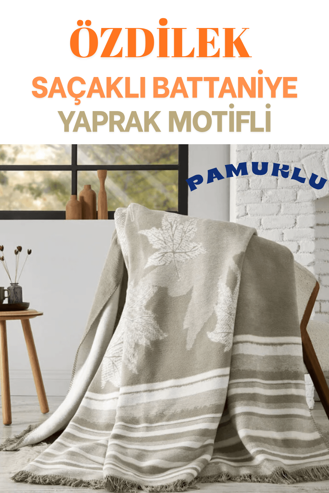 Saçaklı Pamuklu Battaniye (Çift Kişilik) 180x220 cm - EKRU