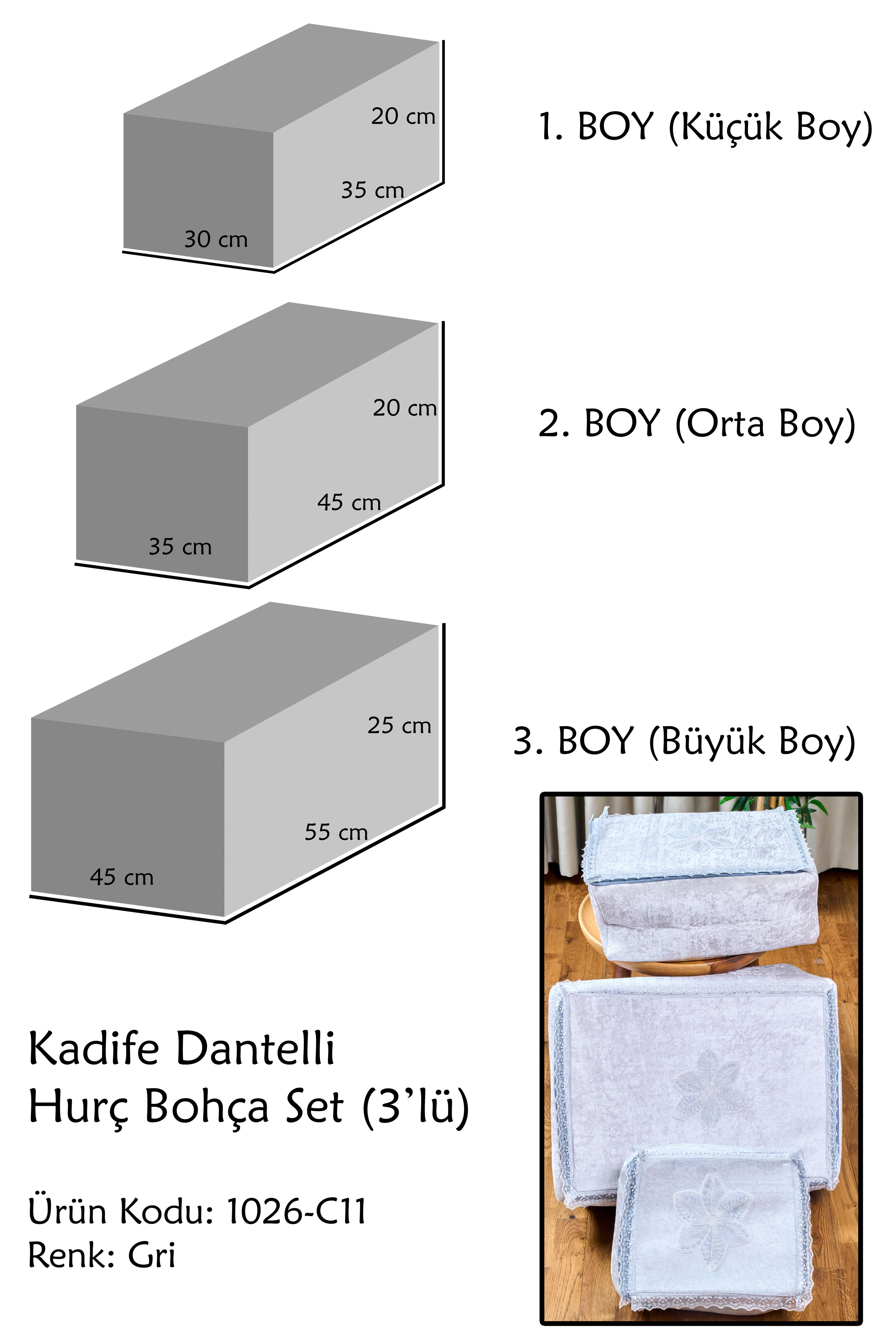 Kadife Dantelli Hurç Bohça Seti (3'Lü Set) - GRİ