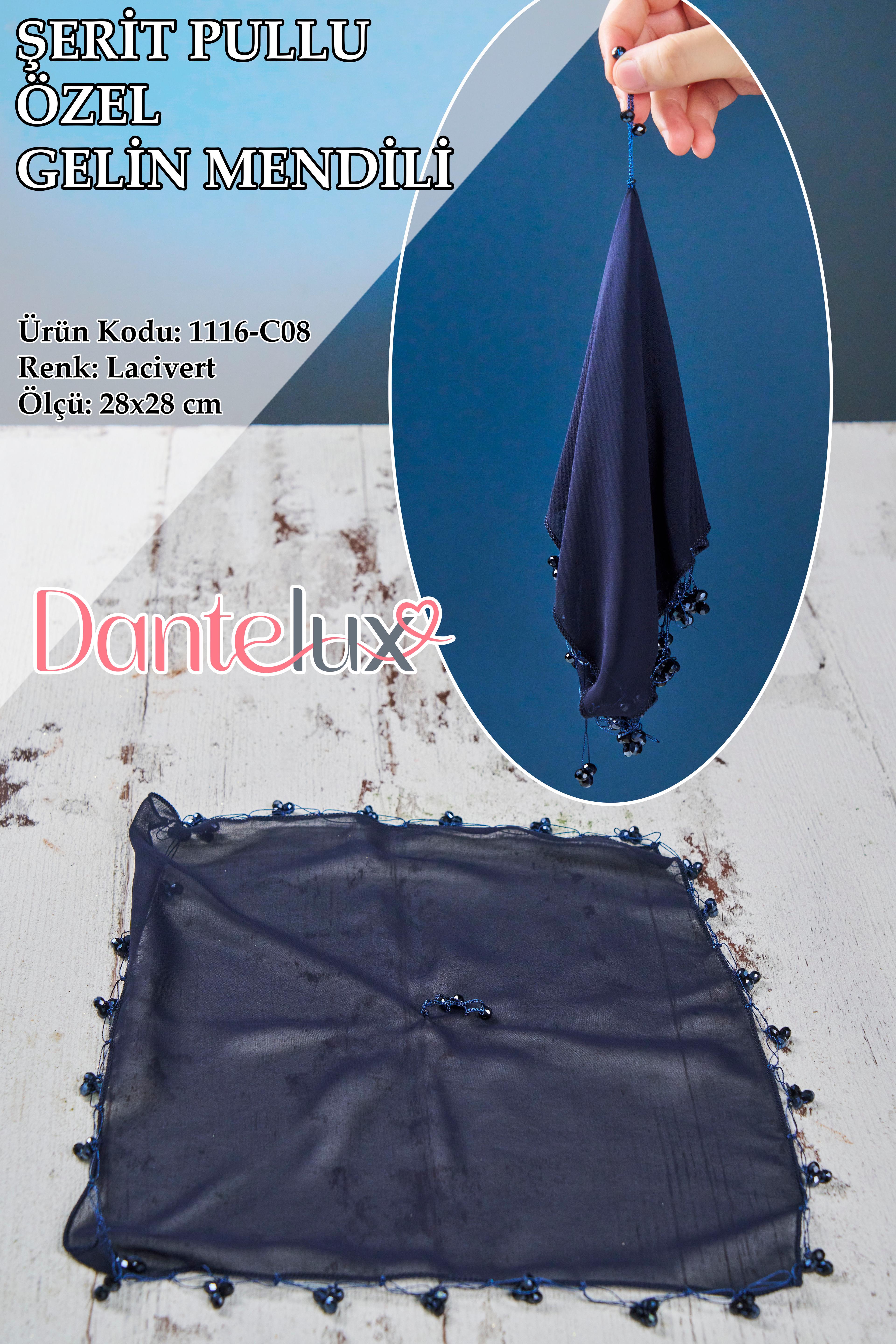 Boncuklu Özel Gelin Mendili (1 Adet) 28x28 cm - LACİVERT