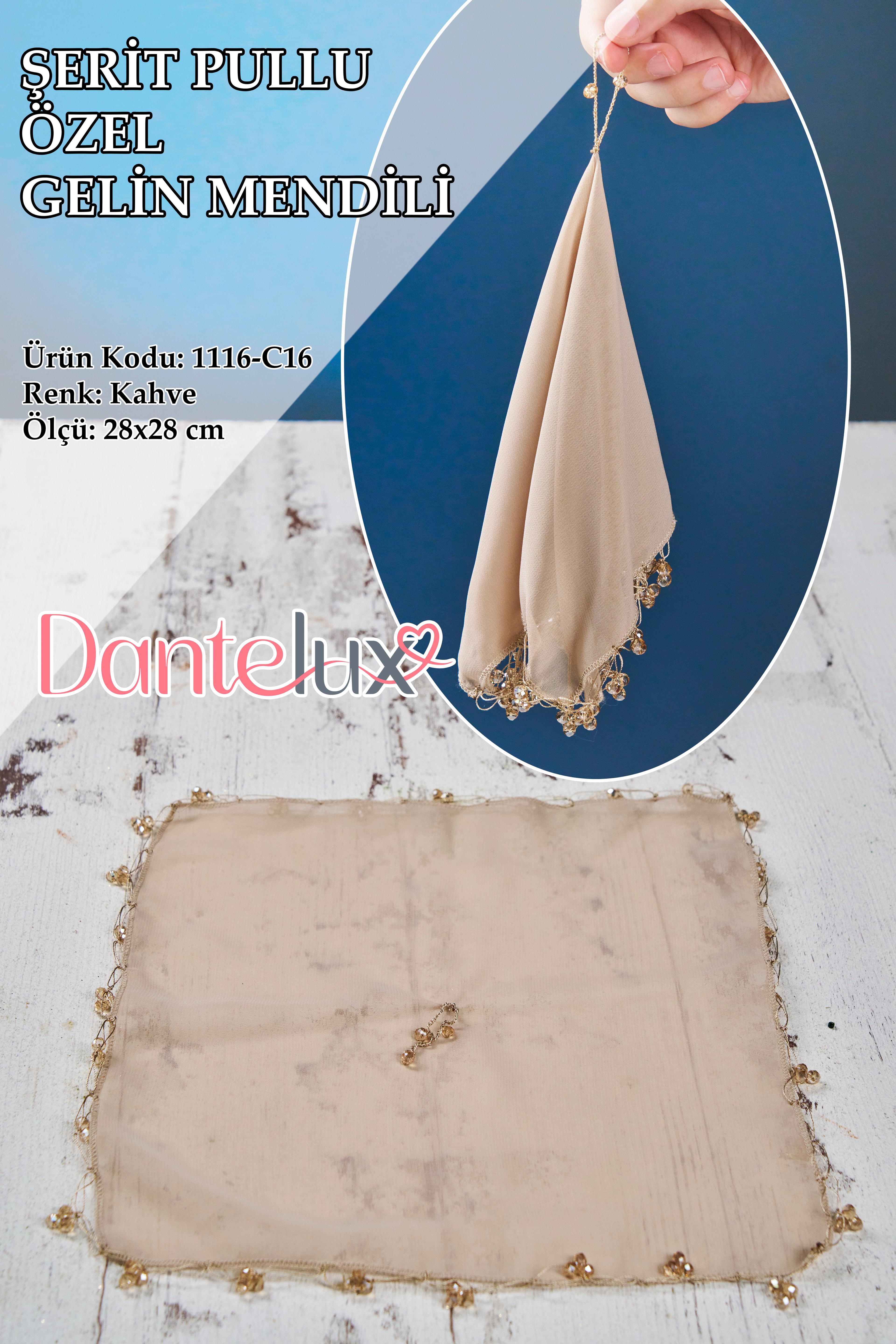 Boncuklu Özel Gelin Mendili (1 Adet) 28x28 cm - KAHVE
