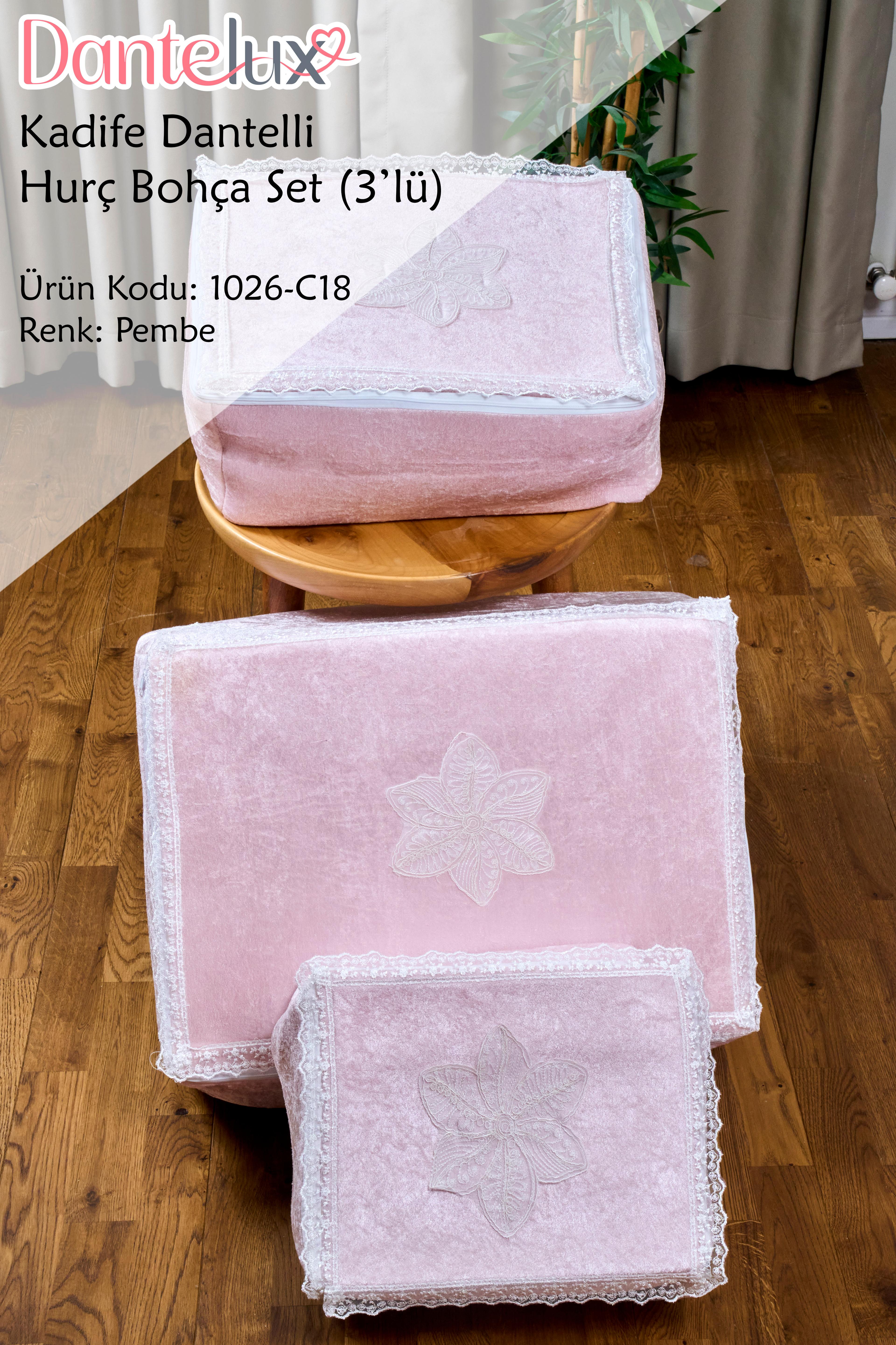 Kadife Dantelli Hurç Bohça Seti (3'Lü Set) - PEMBE
