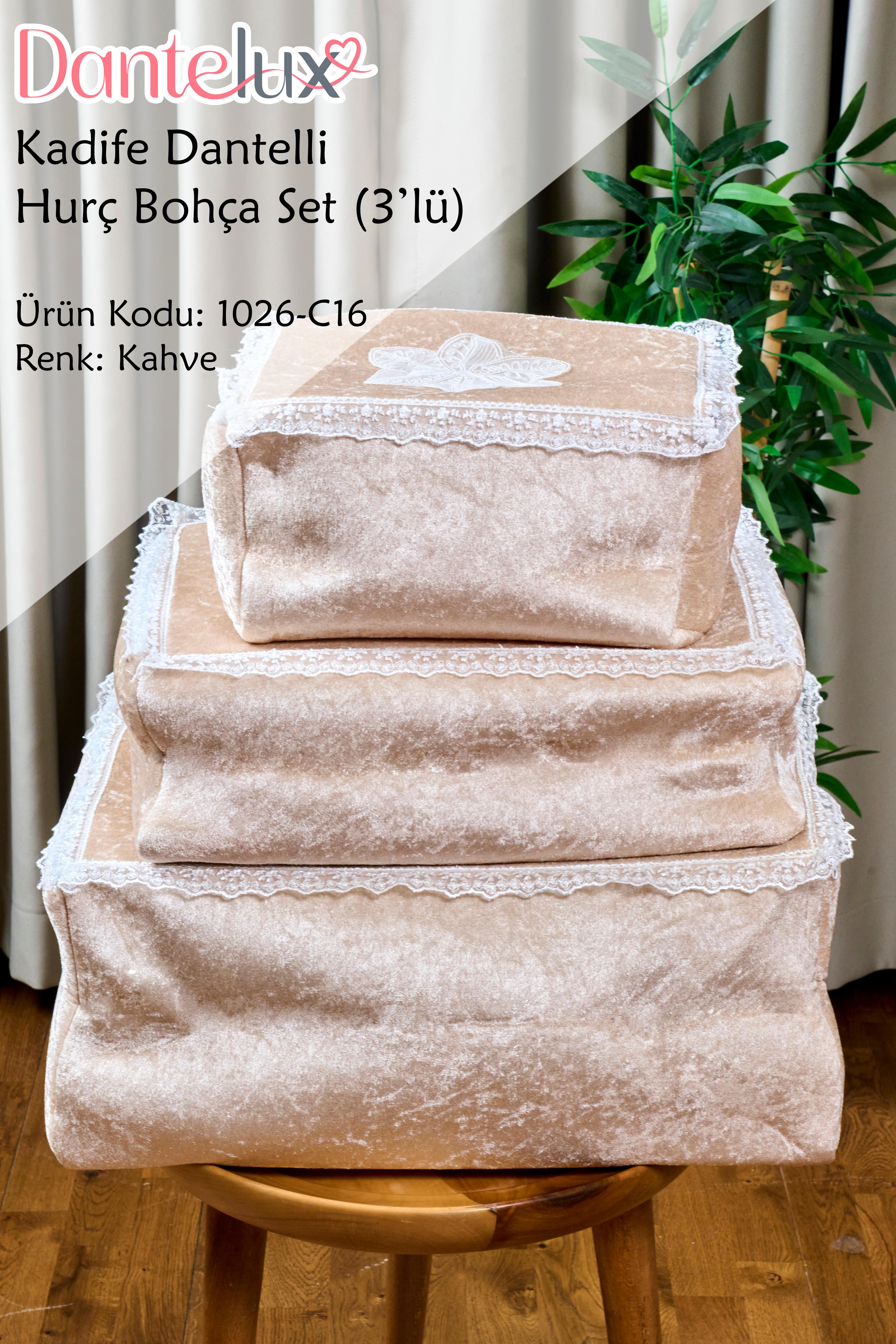 Kadife Dantelli Hurç Bohça Seti (3'Lü Set) - KAHVE