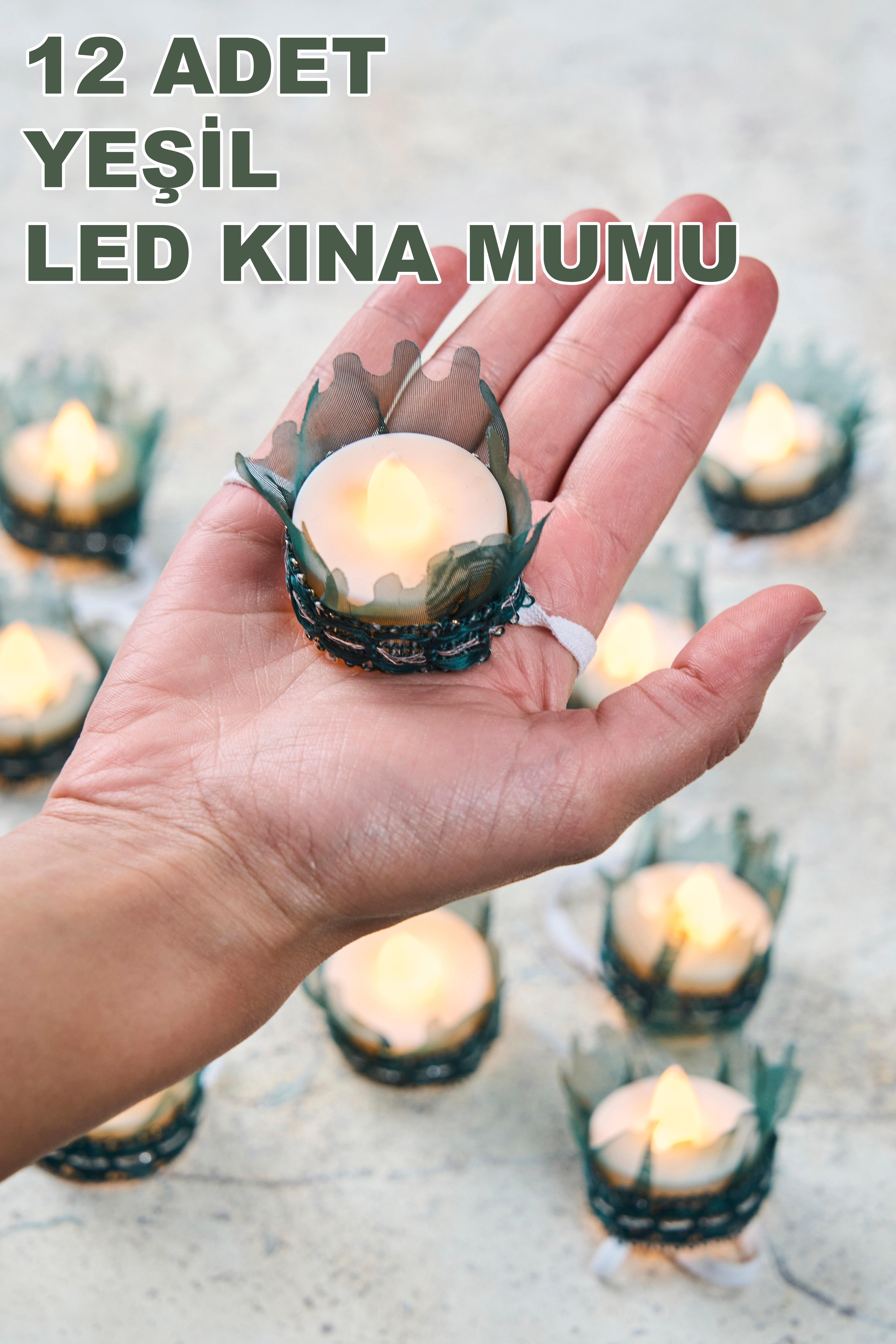 12 Adet Led Süslü Kına Mumu - YEŞİL