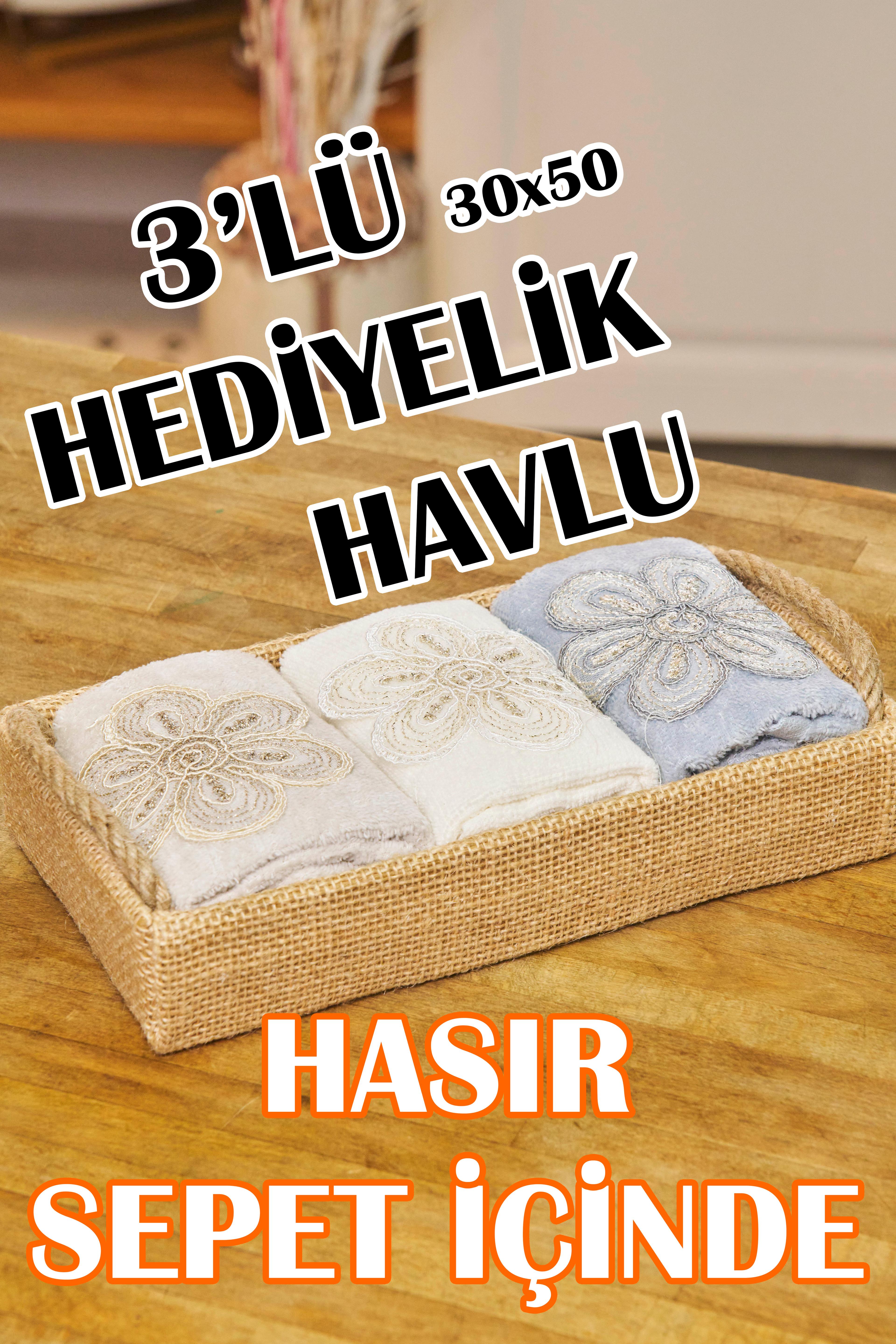 3'Lü Hediyelik Havlu (30x50 cm) Hasır Sepet İçinde