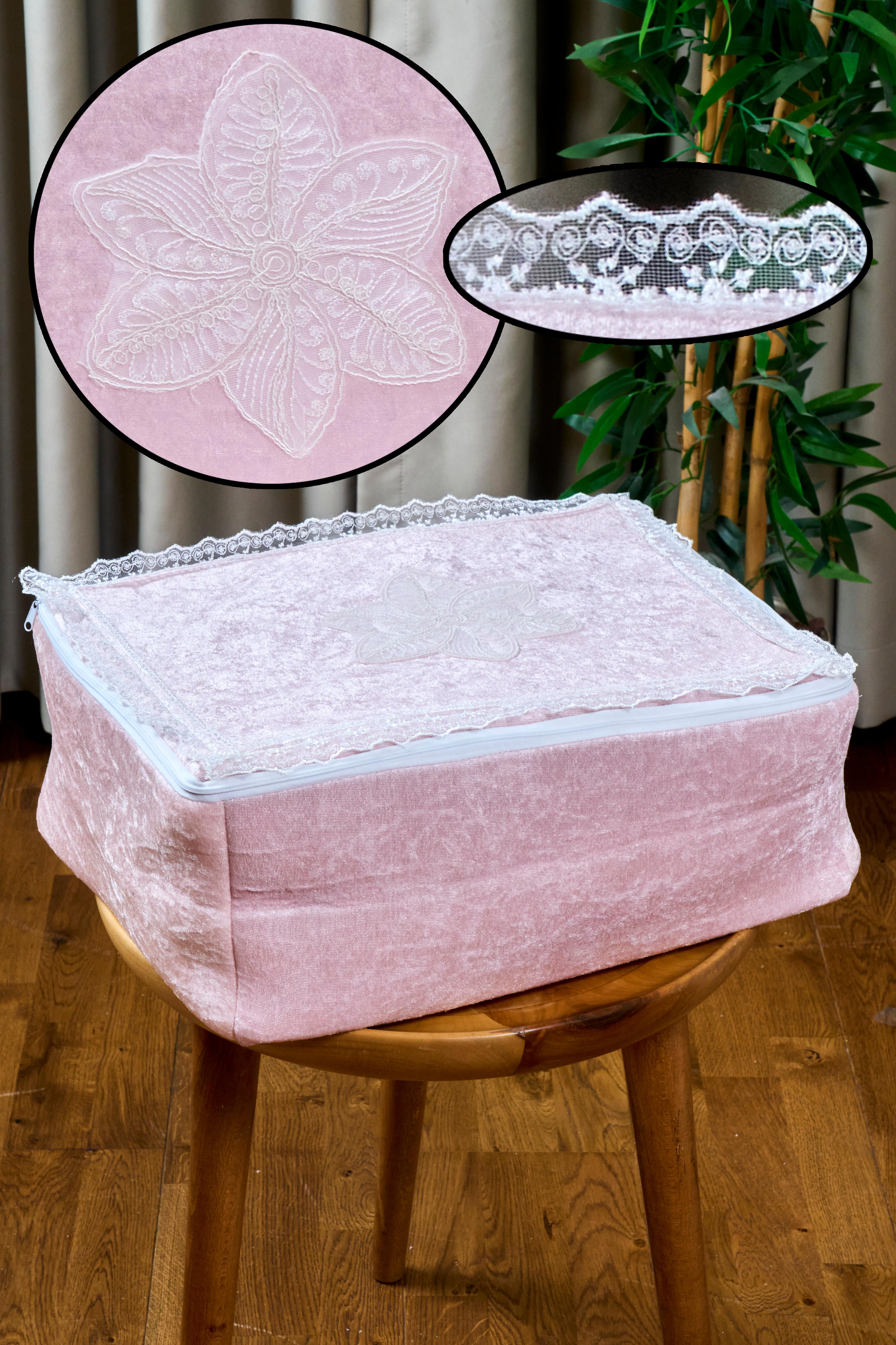 Kadife Dantelli Hurç Bohça Seti (3'Lü Set) - PEMBE