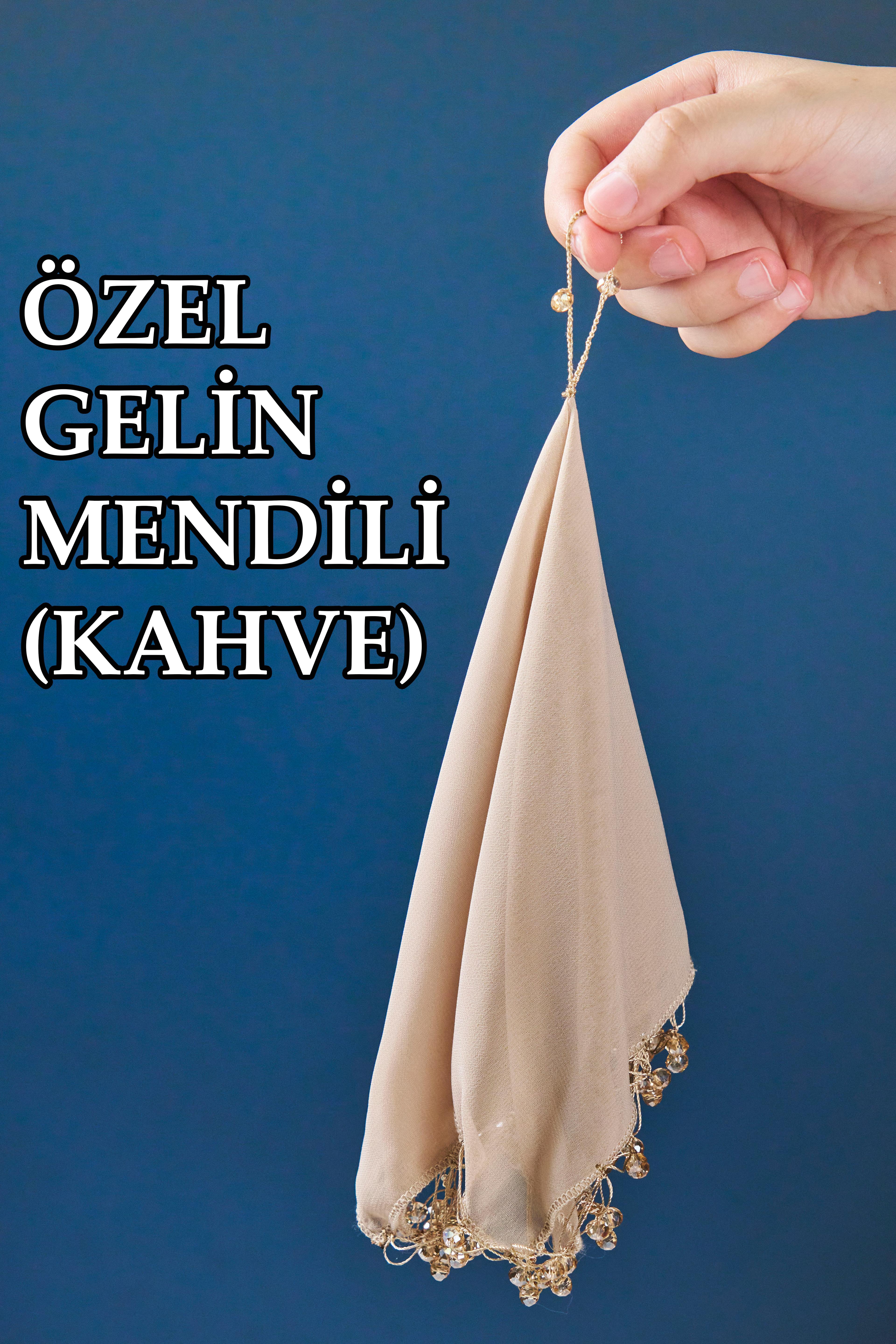 Boncuklu Özel Gelin Mendili (1 Adet) 28x28 cm - KAHVE